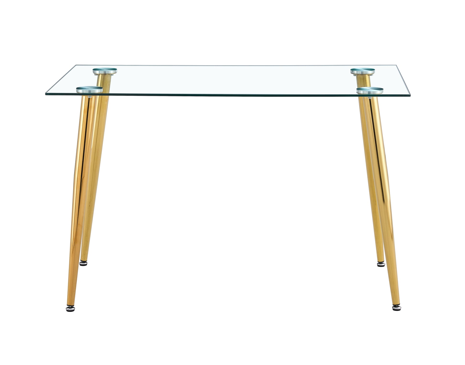 Rectangular glass dining table with sleek gold tapered legs