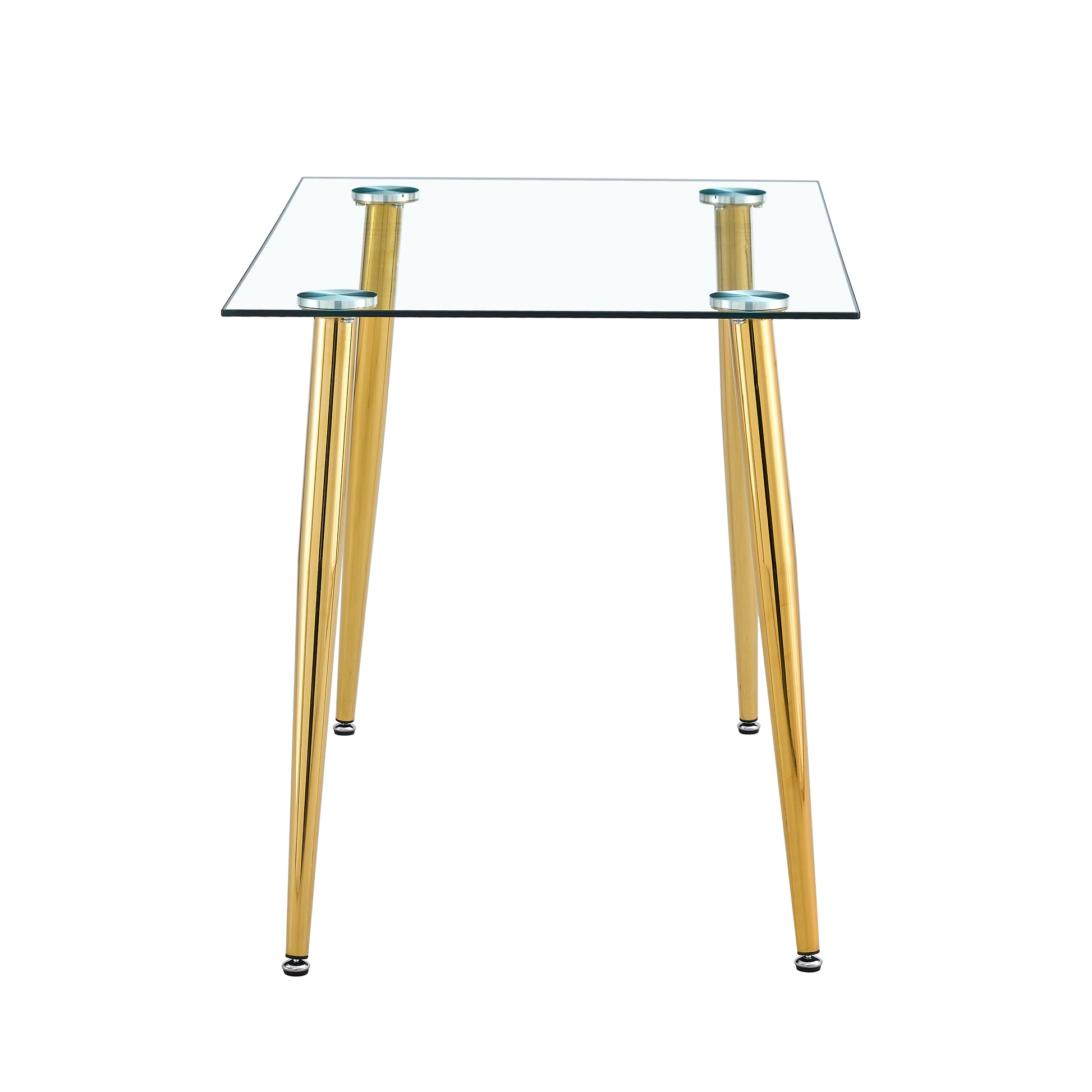 Square glass coffee table with gold hairpin legs