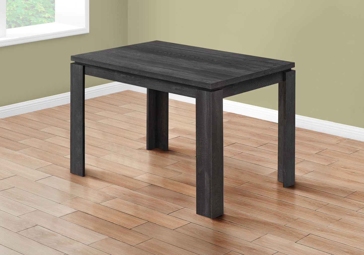 Dark grey rectangular dining table with faux wood grain finish