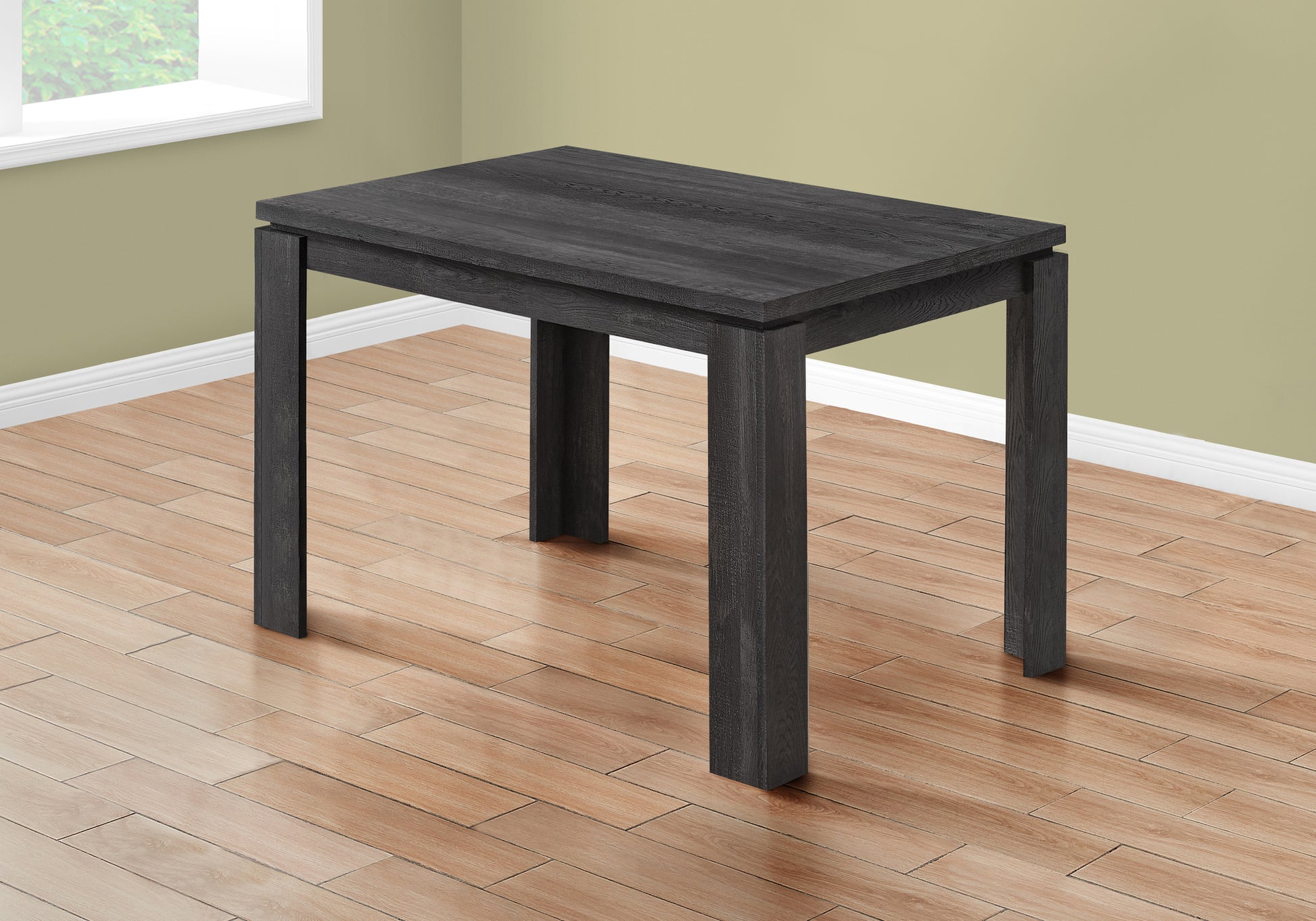 Dark grey rectangular dining table with faux wood grain finish