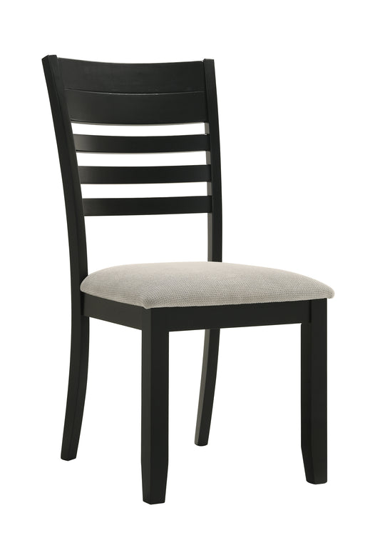 Black wooden dining chair with horizontal slatted back and beige upholstered seat