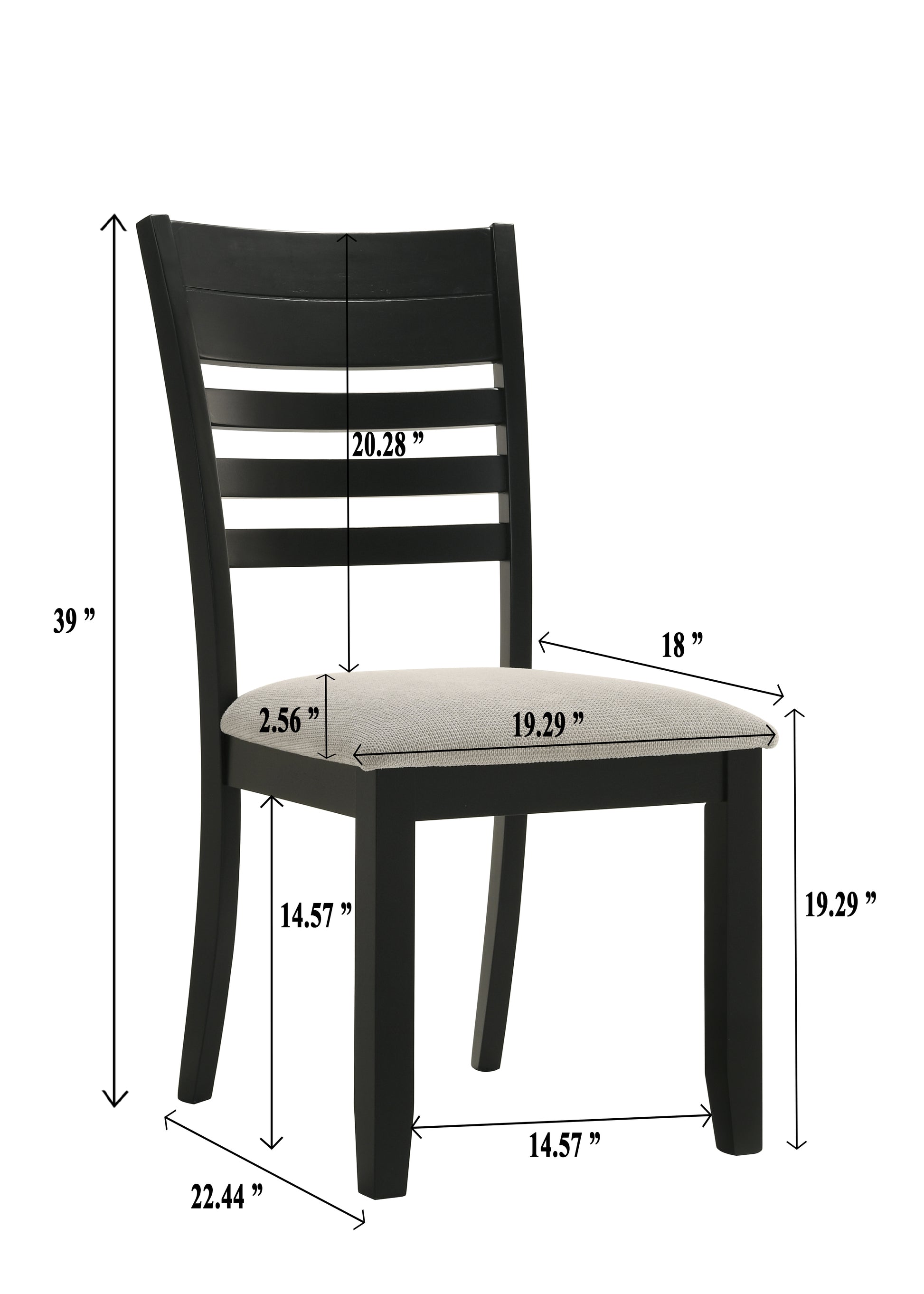 Black dining chair with horizontal slatted back and beige upholstered seat