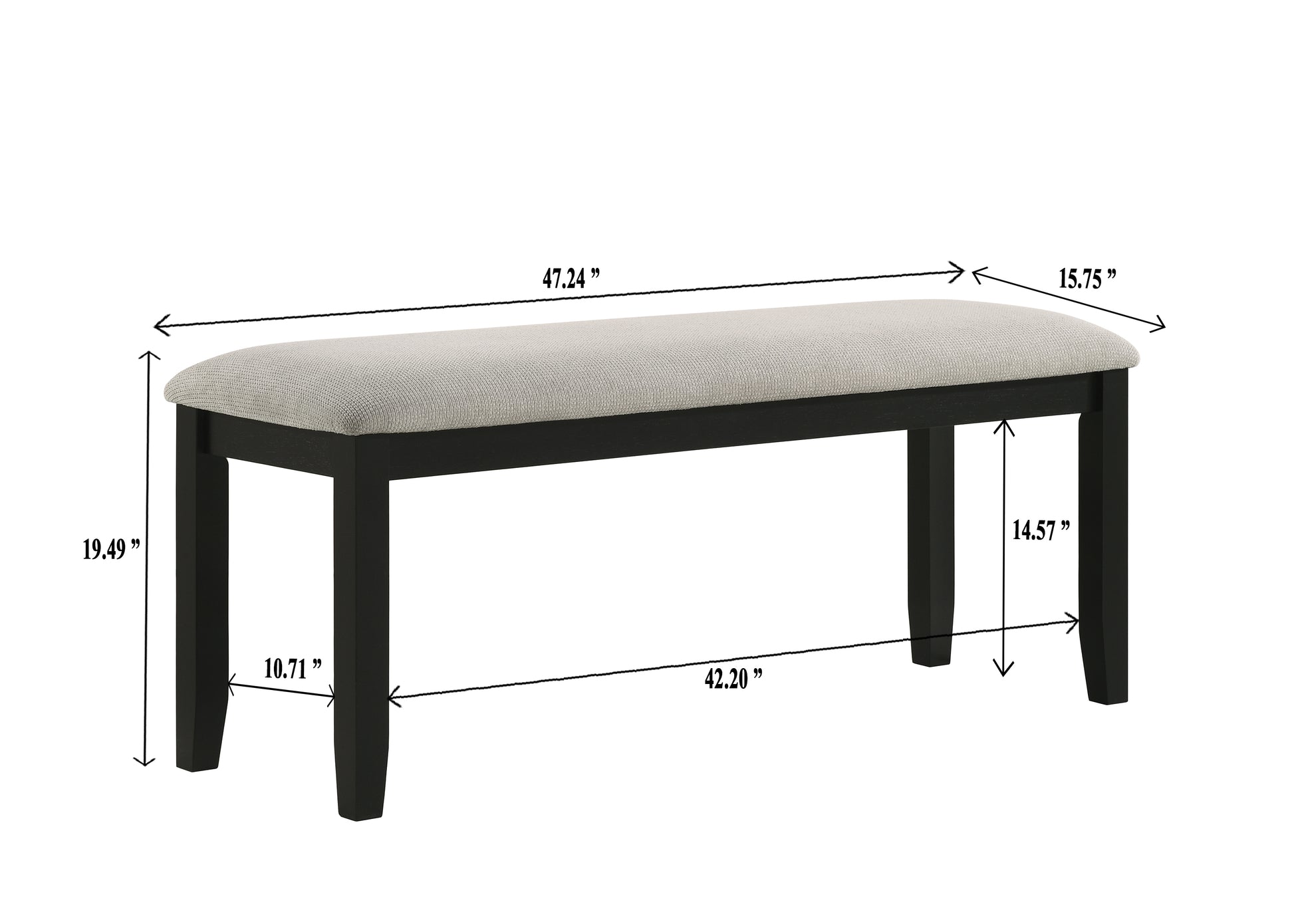 Black wooden bench with a light gray upholstered seat and dimensions