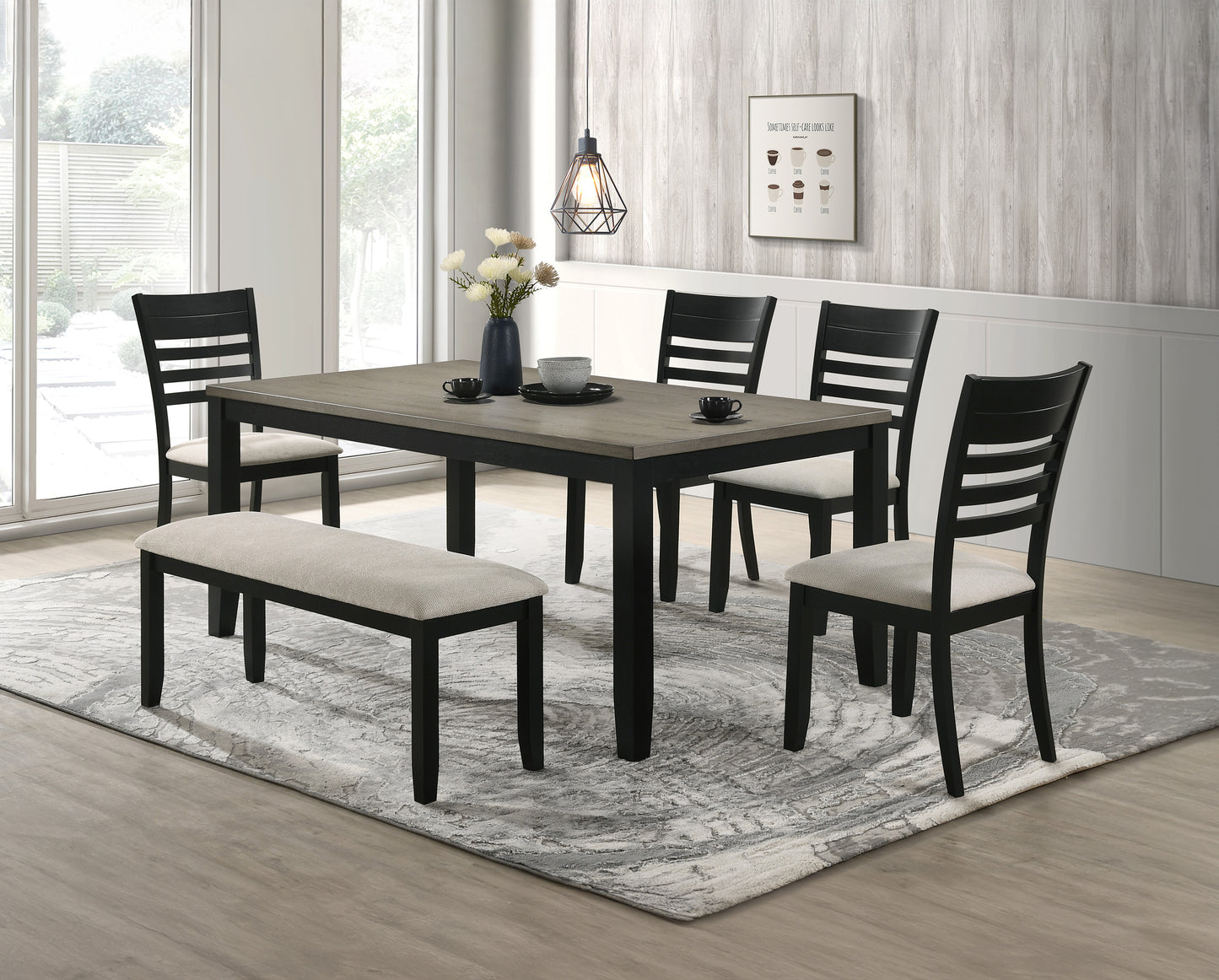 Black and grey dining set with upholstered bench and chairs