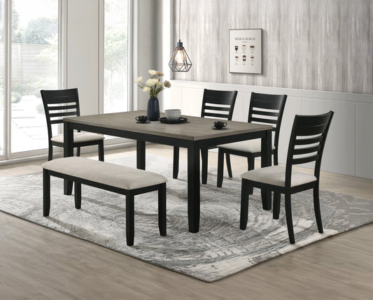 Black and grey dining set with upholstered bench and chairs