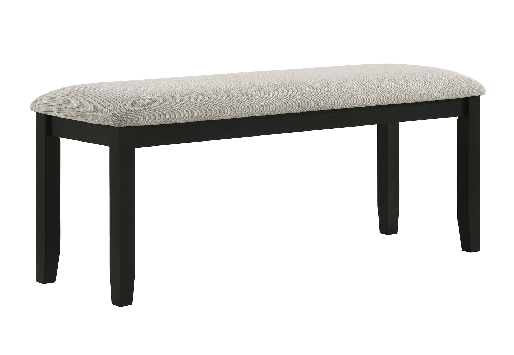 Grey upholstered bench with dark wood legs