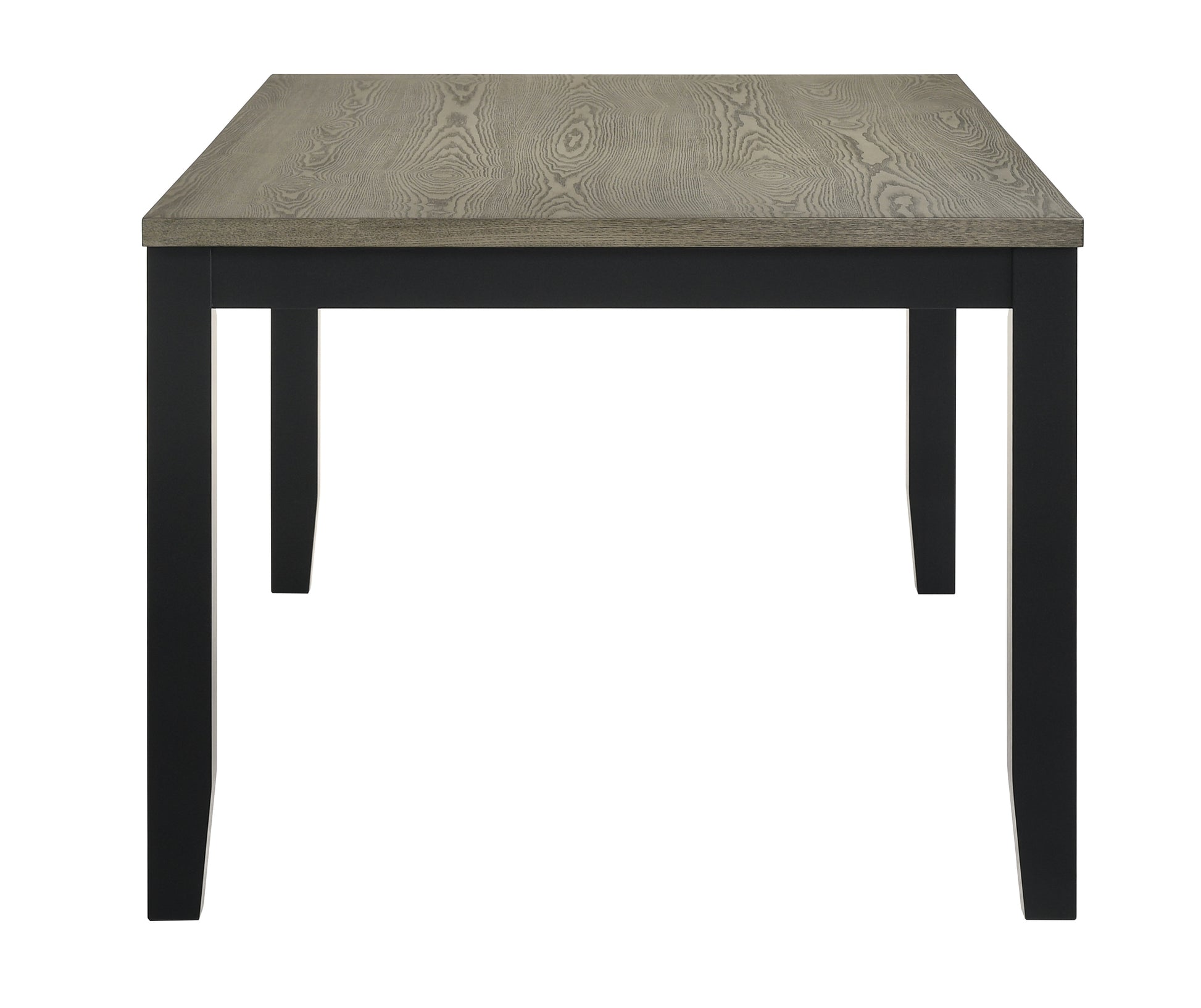 Modern dining table with grey wood grain top and black legs