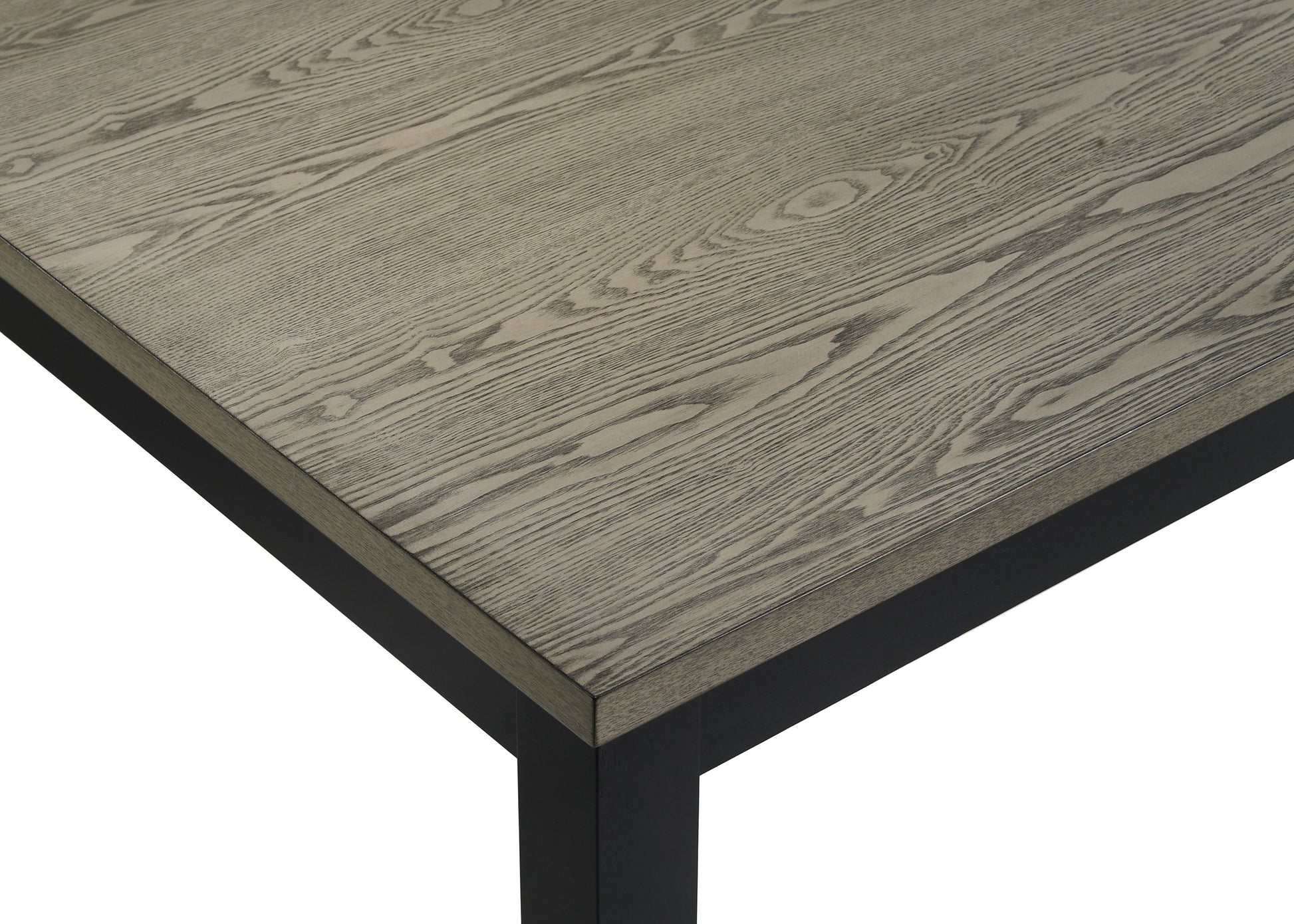 Modern gray wood dining table with black metal legs