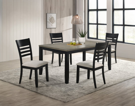 Black and gray wood dining table with four modern chairs