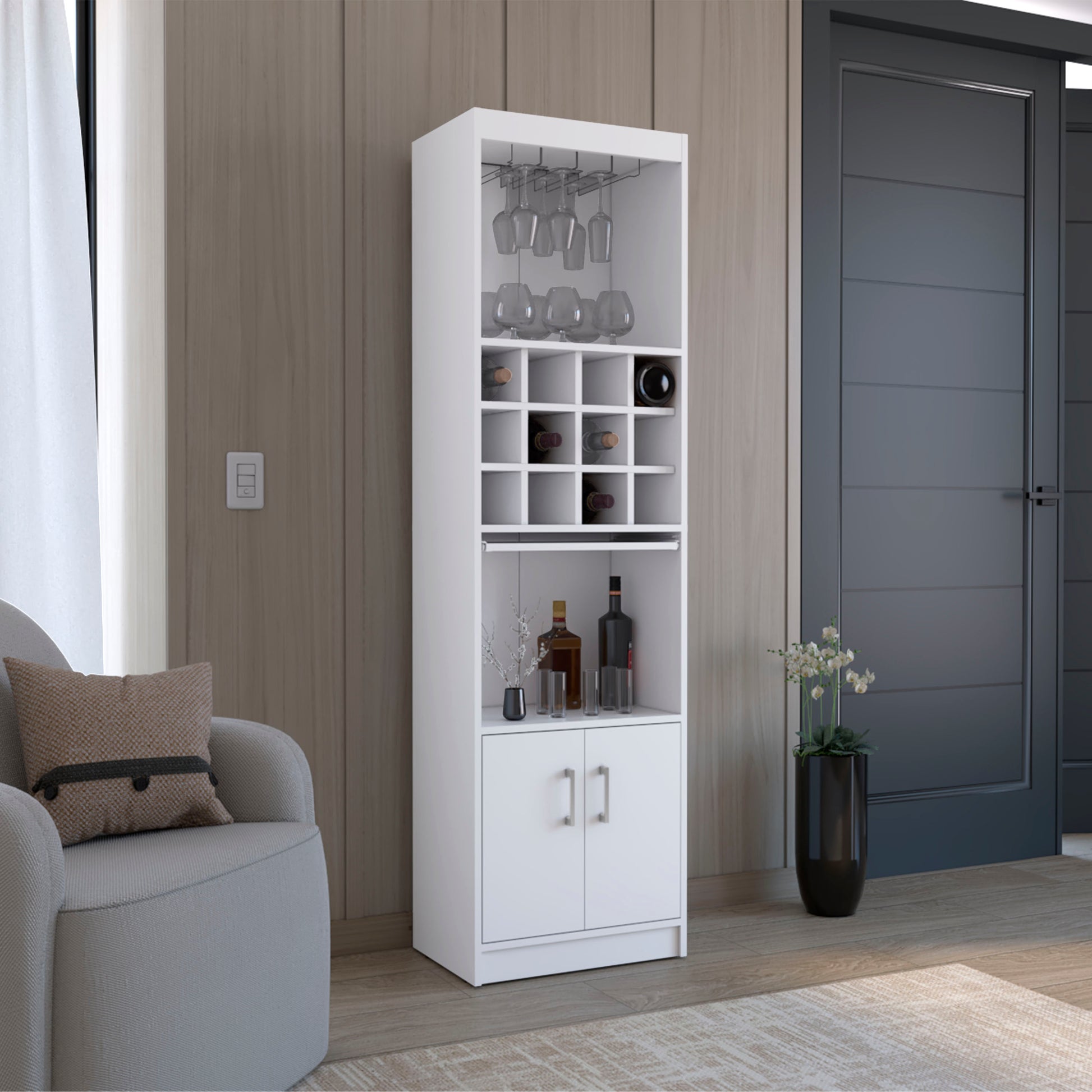Modern white bar cabinet with glass holders and wine racks
