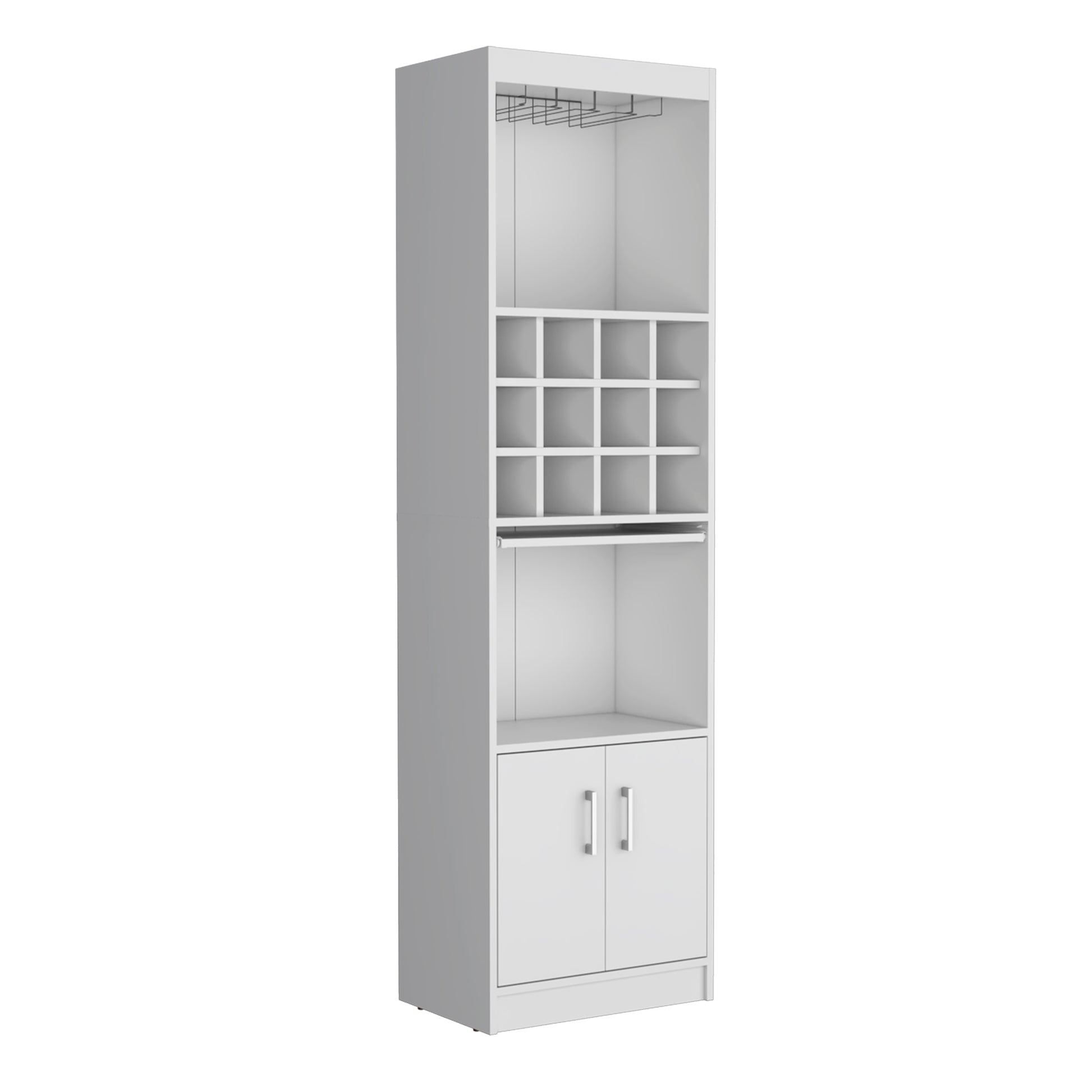 Tall white pantry cabinet with wine glass rack and bottle cubbies