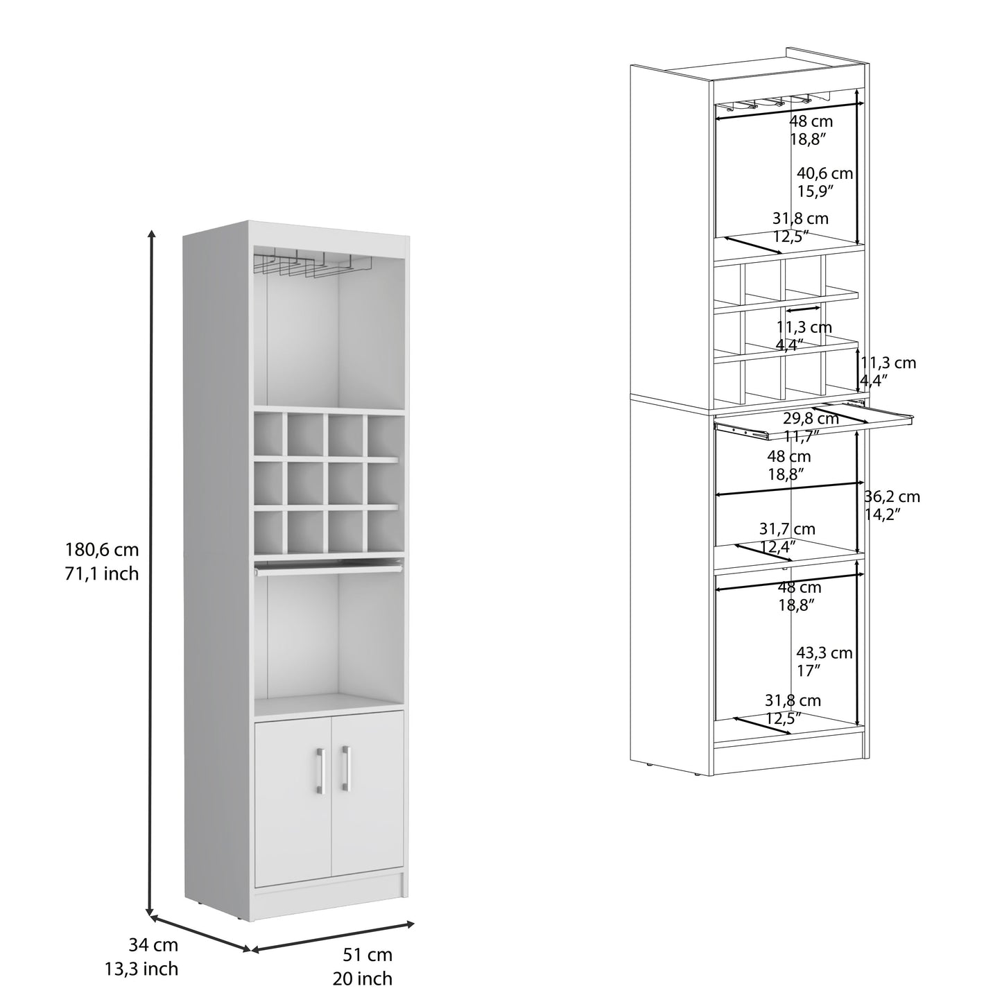 White tall bar cabinet with wine glass rack and bottle cubbies