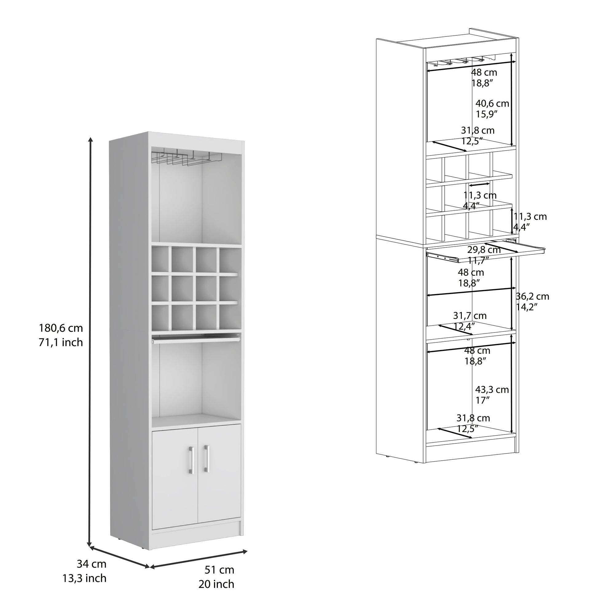 White tall bar cabinet with wine glass rack and bottle cubbies