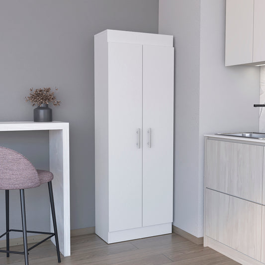 White tall pantry cabinet with two doors and silver handles