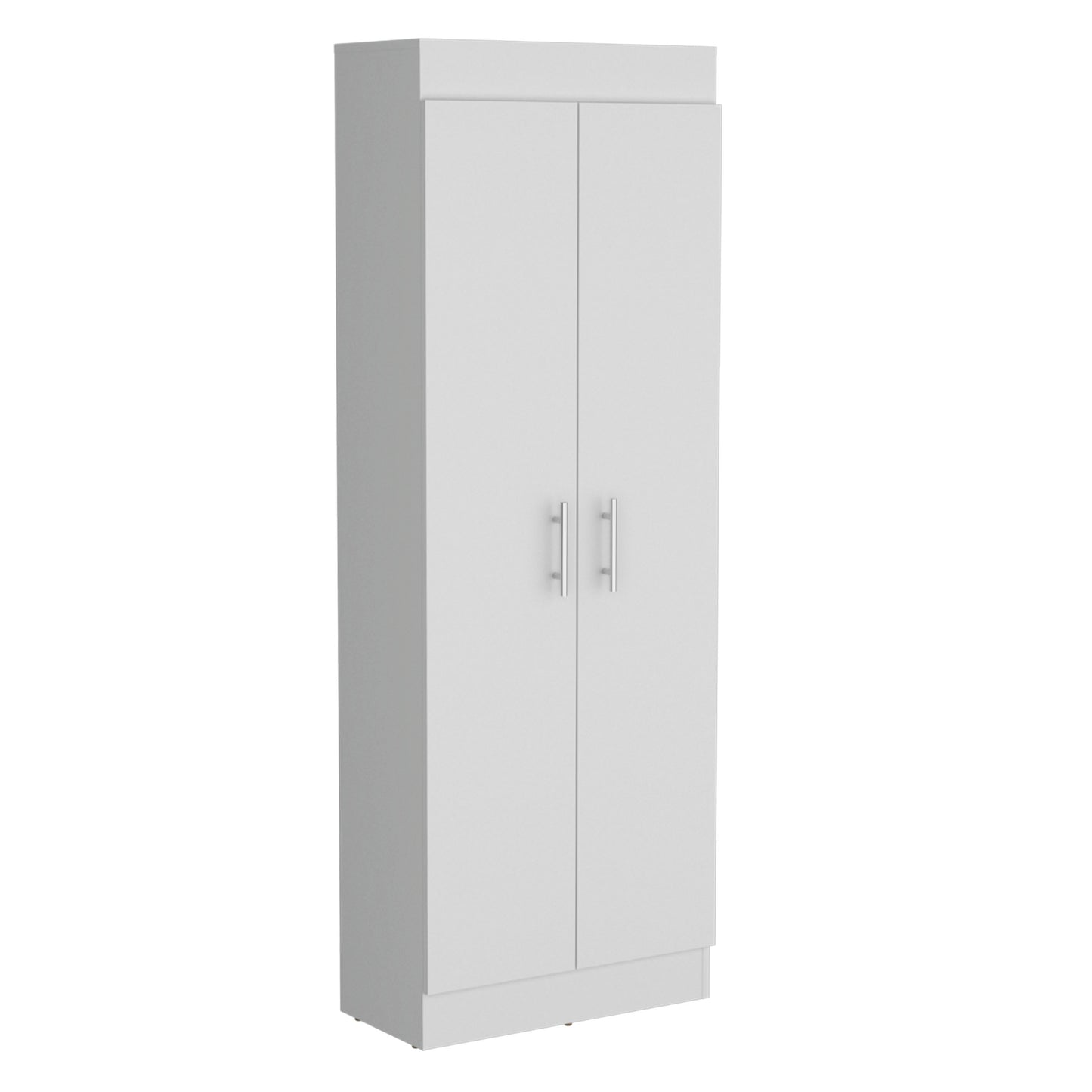 White tall storage cabinet with two silverhandle doors