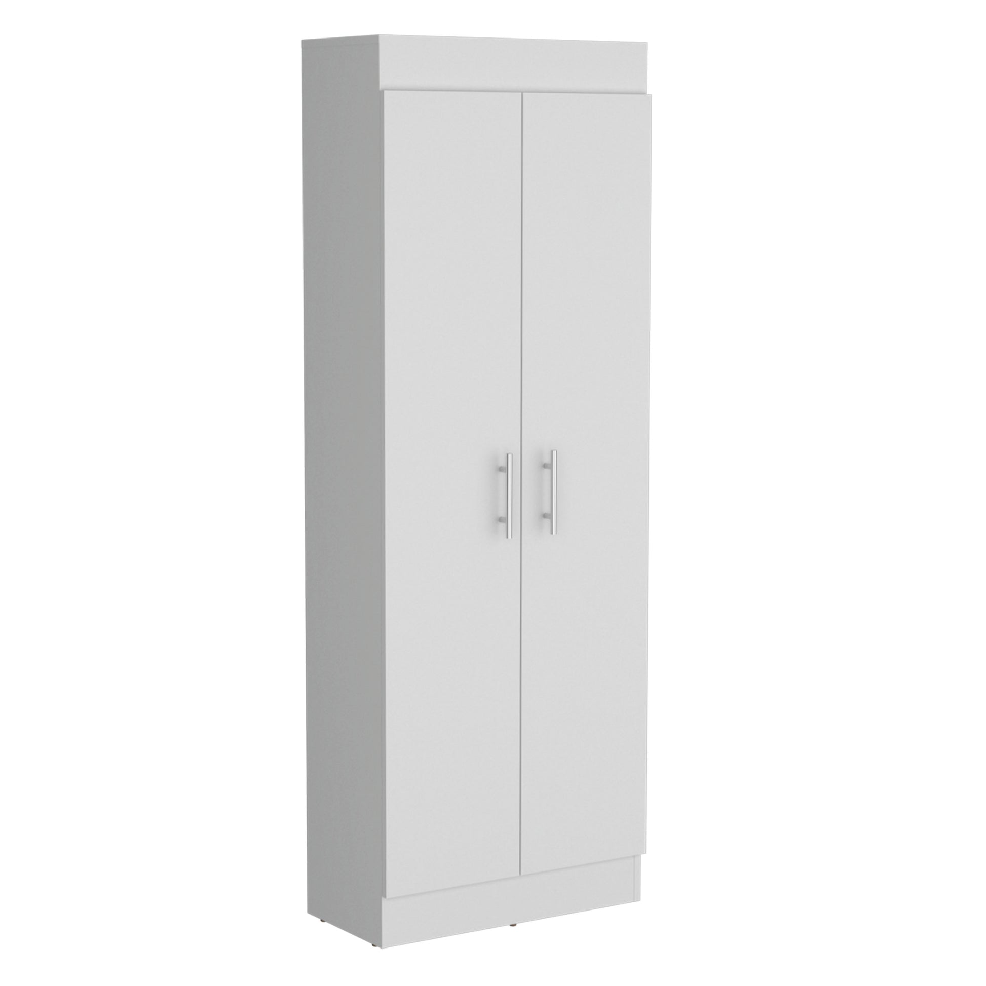 White tall storage cabinet with two silverhandle doors