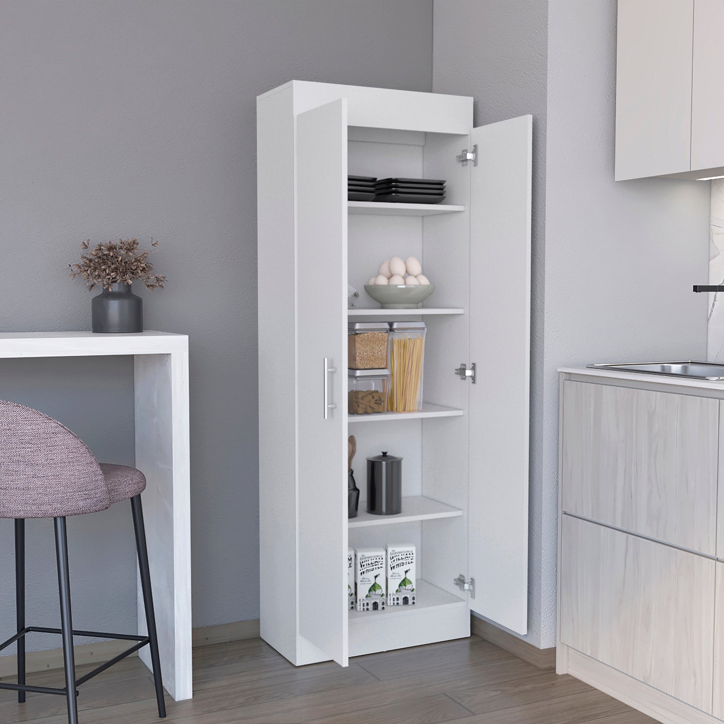 White kitchen storage cabinet with open doors revealing shelves stocked with pantry items
