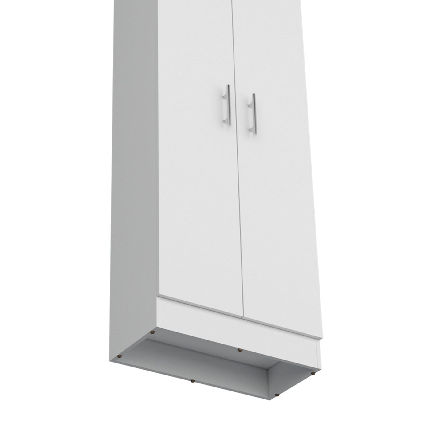 White tall storage cabinet with two brushed nickel doors