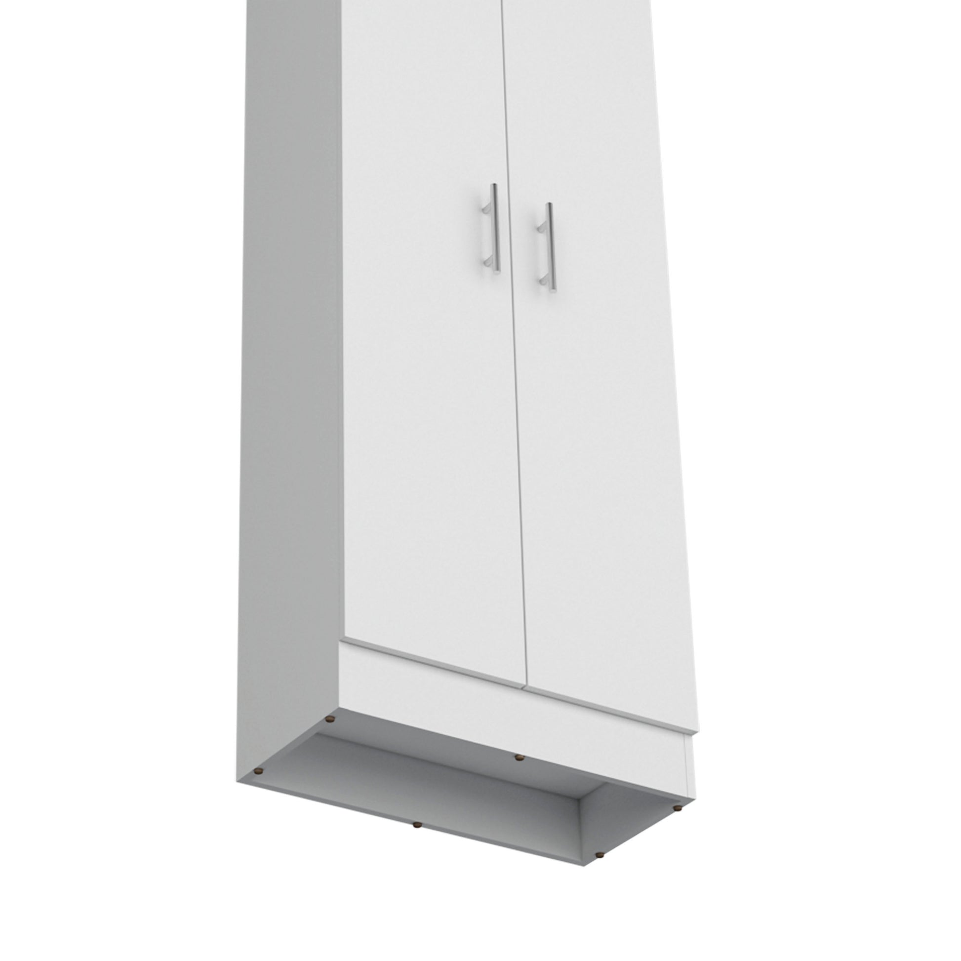 White tall storage cabinet with two brushed nickel doors