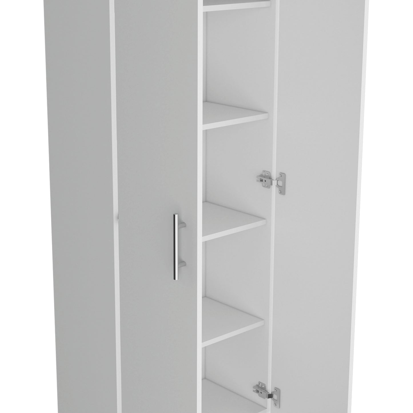 Modern white storage cabinet with silver handle and adjustable shelves