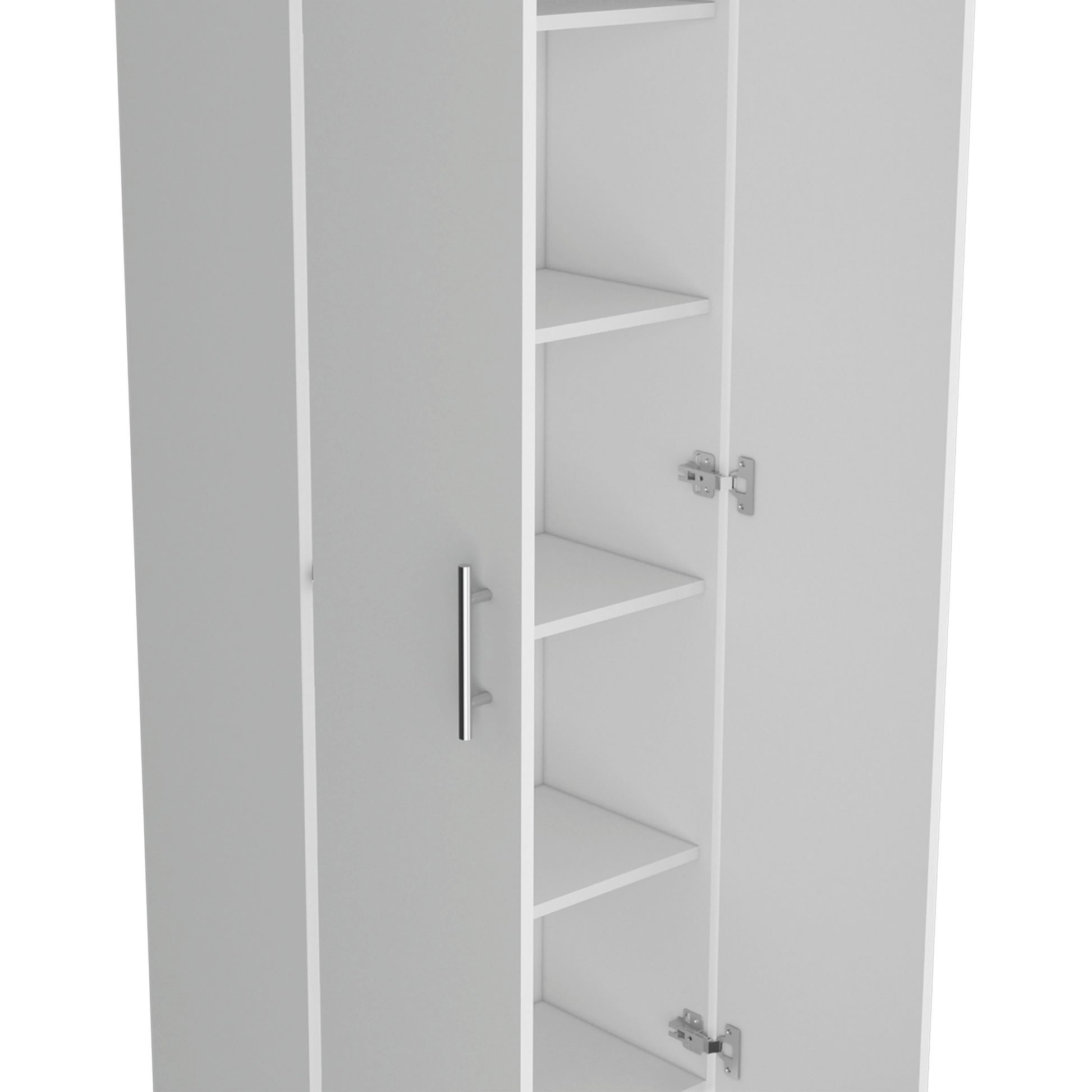 Modern white storage cabinet with silver handle and adjustable shelves