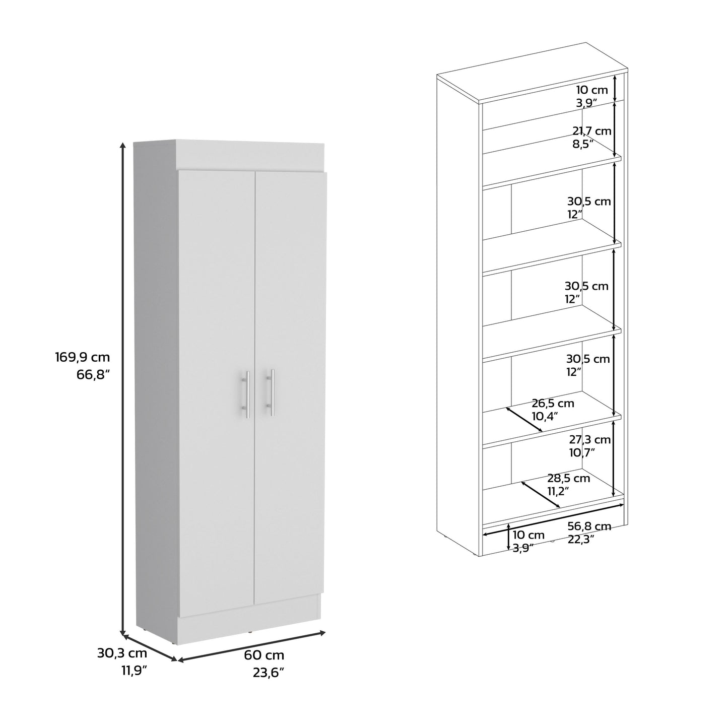 White tall storage cabinet with double doors and silver handles