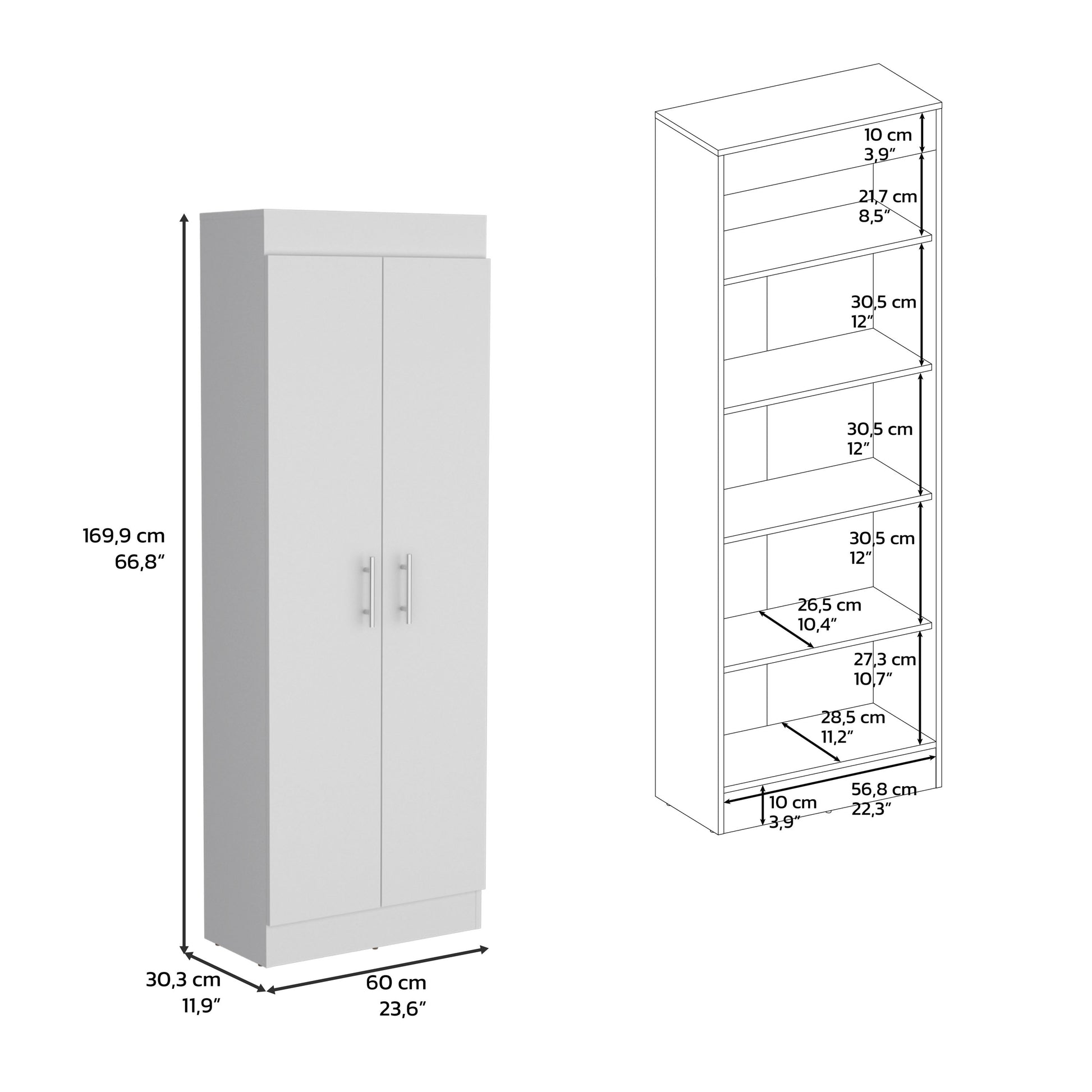White tall storage cabinet with double doors and silver handles