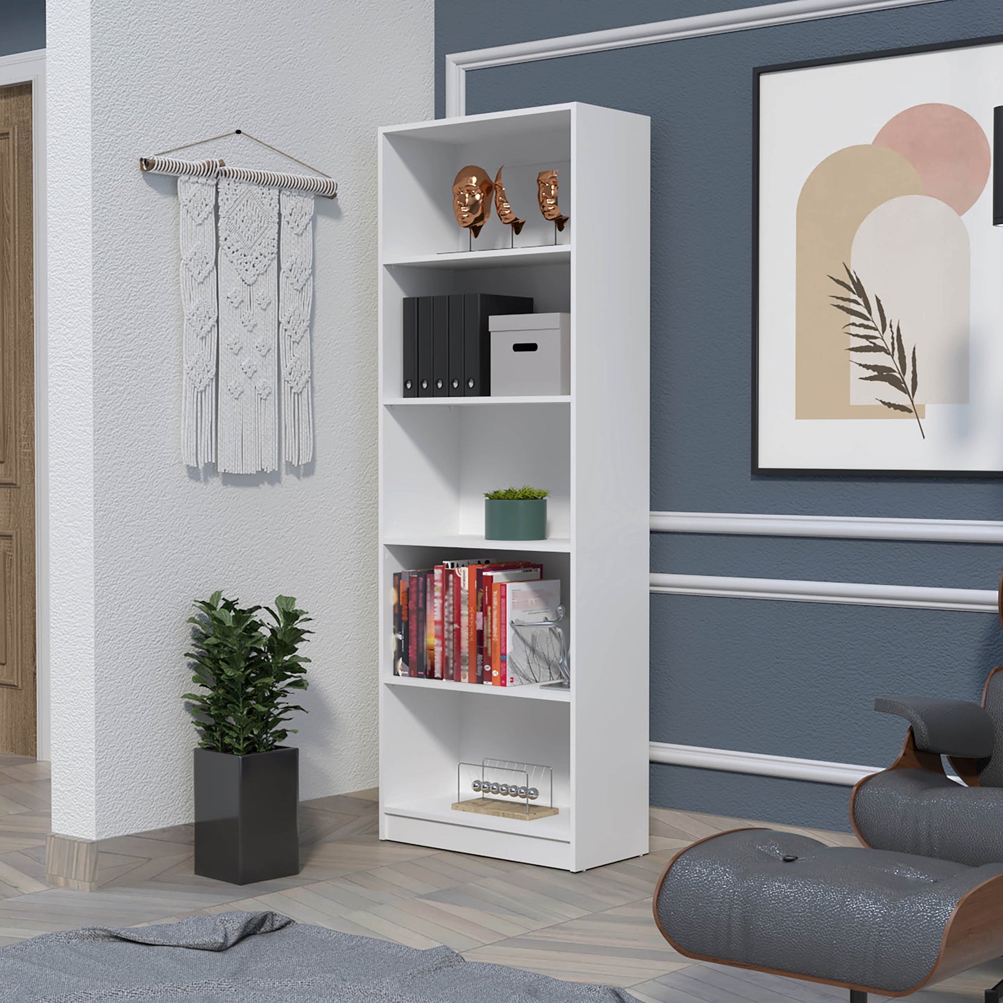 White modern bookshelf with five shelves