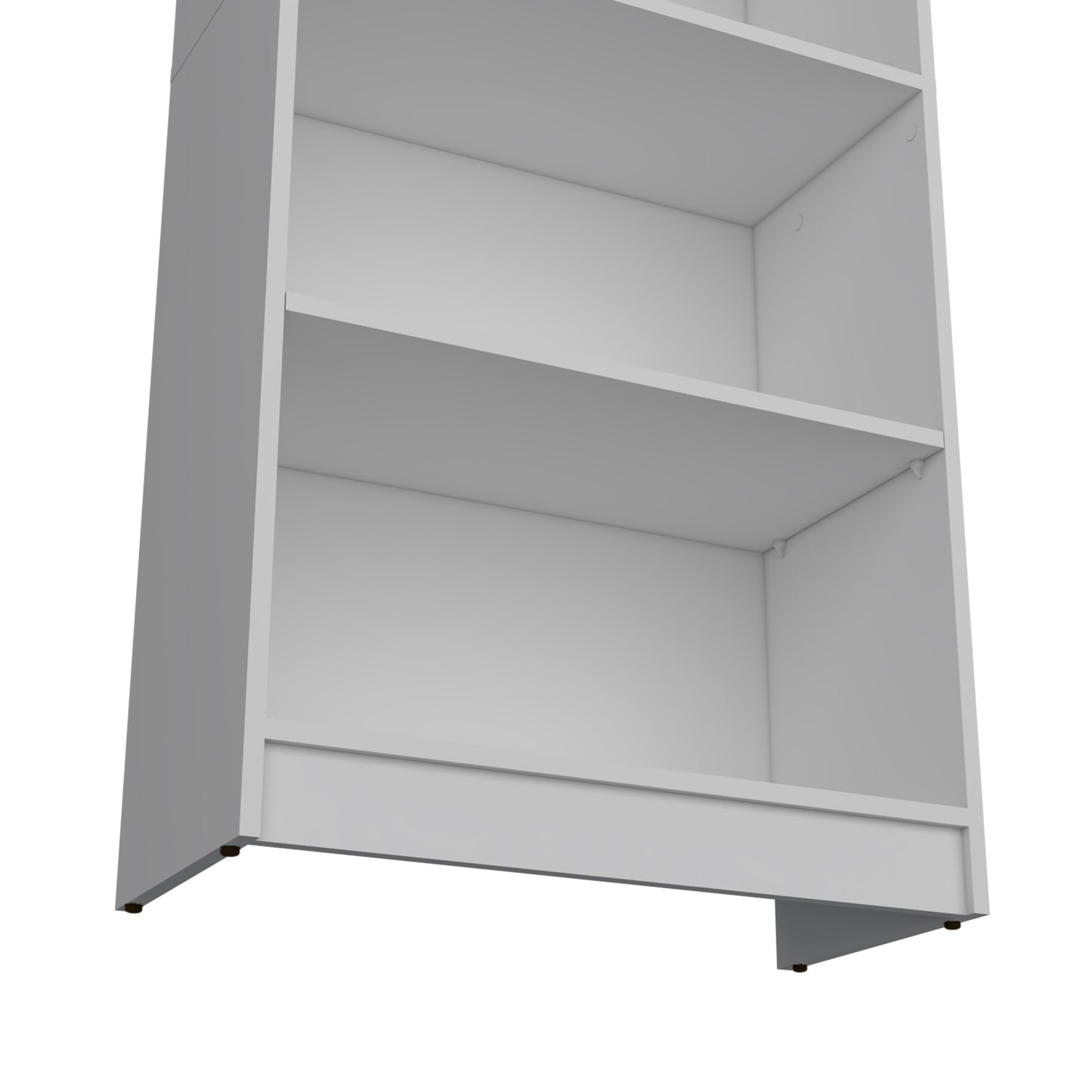 Clean white minimalist bookshelf with three open shelves and a sturdy base
