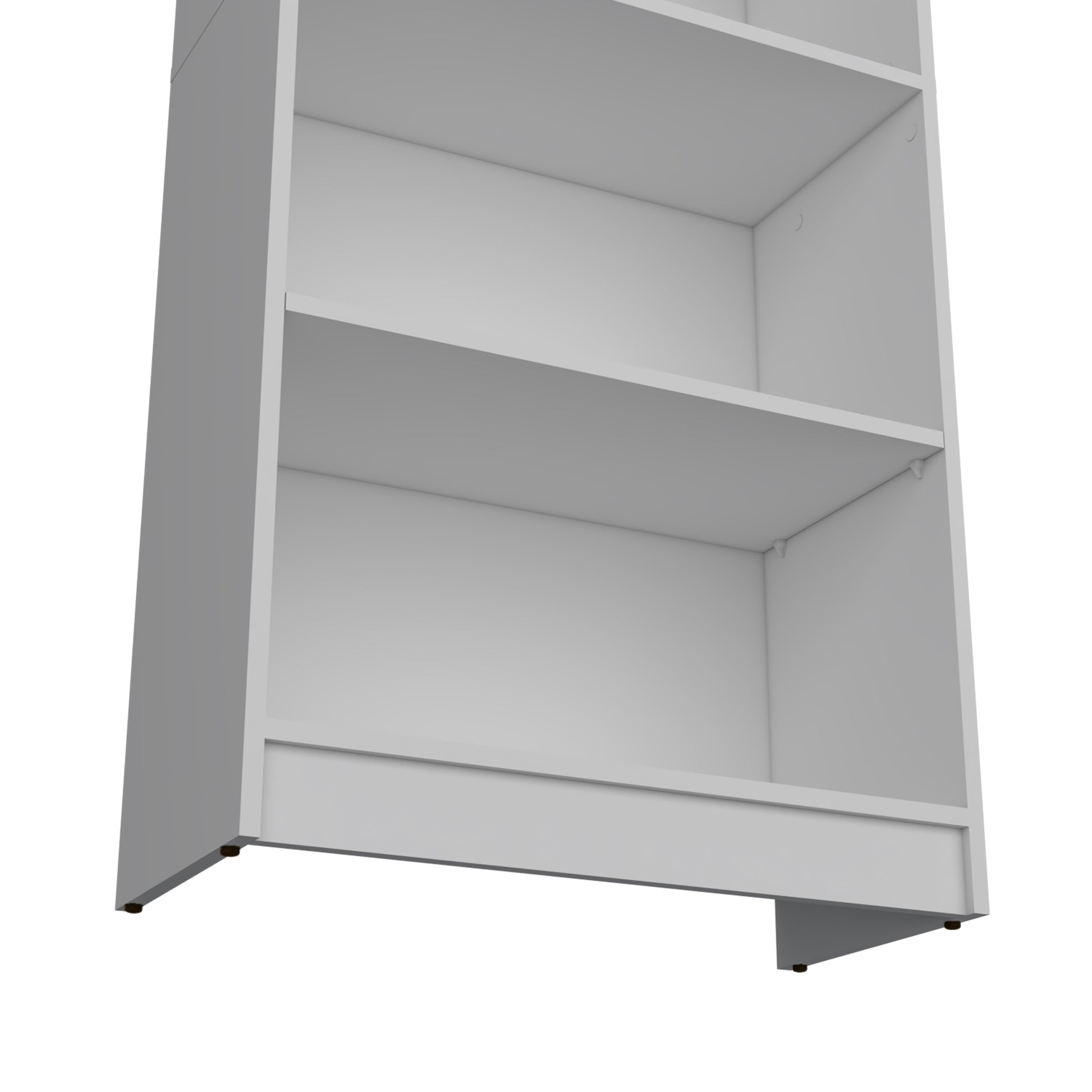 Clean white minimalist bookshelf with three open shelves and a sturdy base