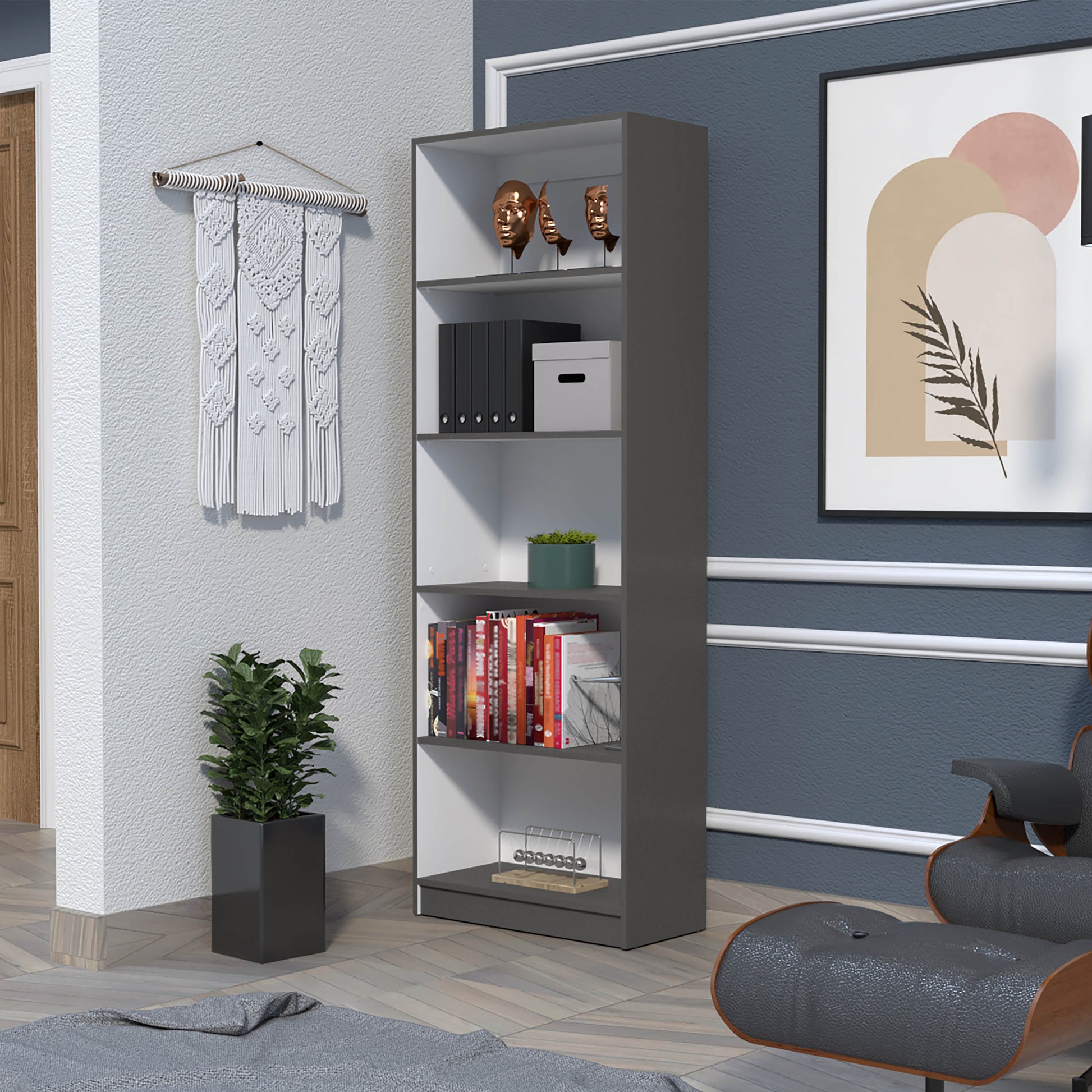 Modern gray bookcase with white shelves displaying decorative items and books