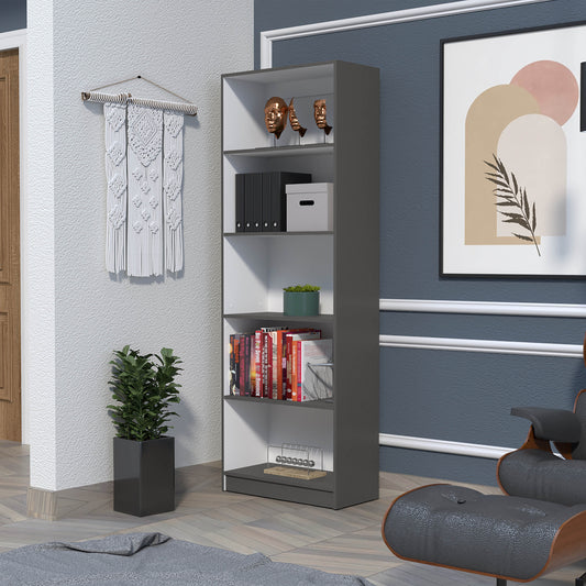 Modern gray bookcase with white shelves displaying decorative items and books
