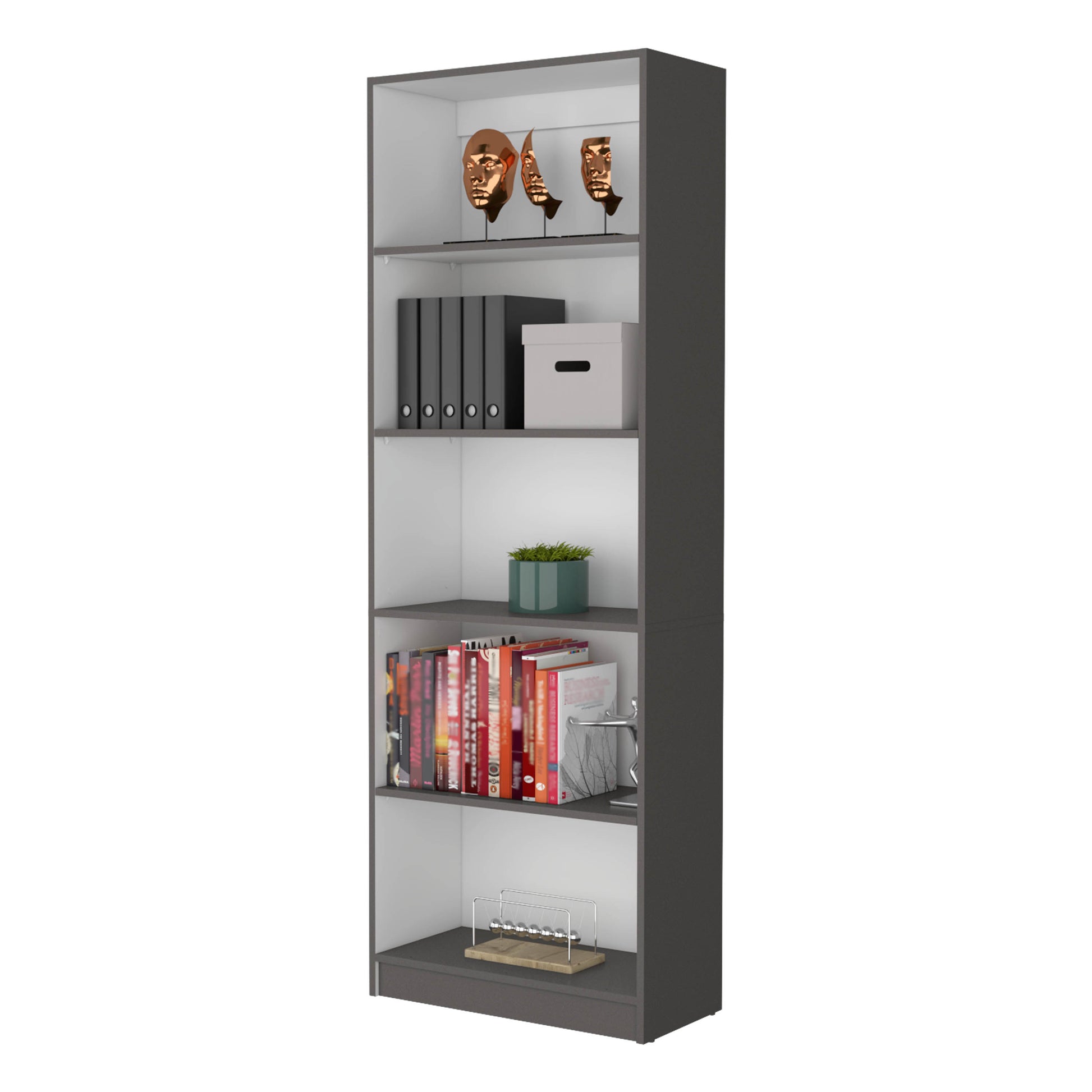 Modern gray and white shelf bookcase with decorative sculptures