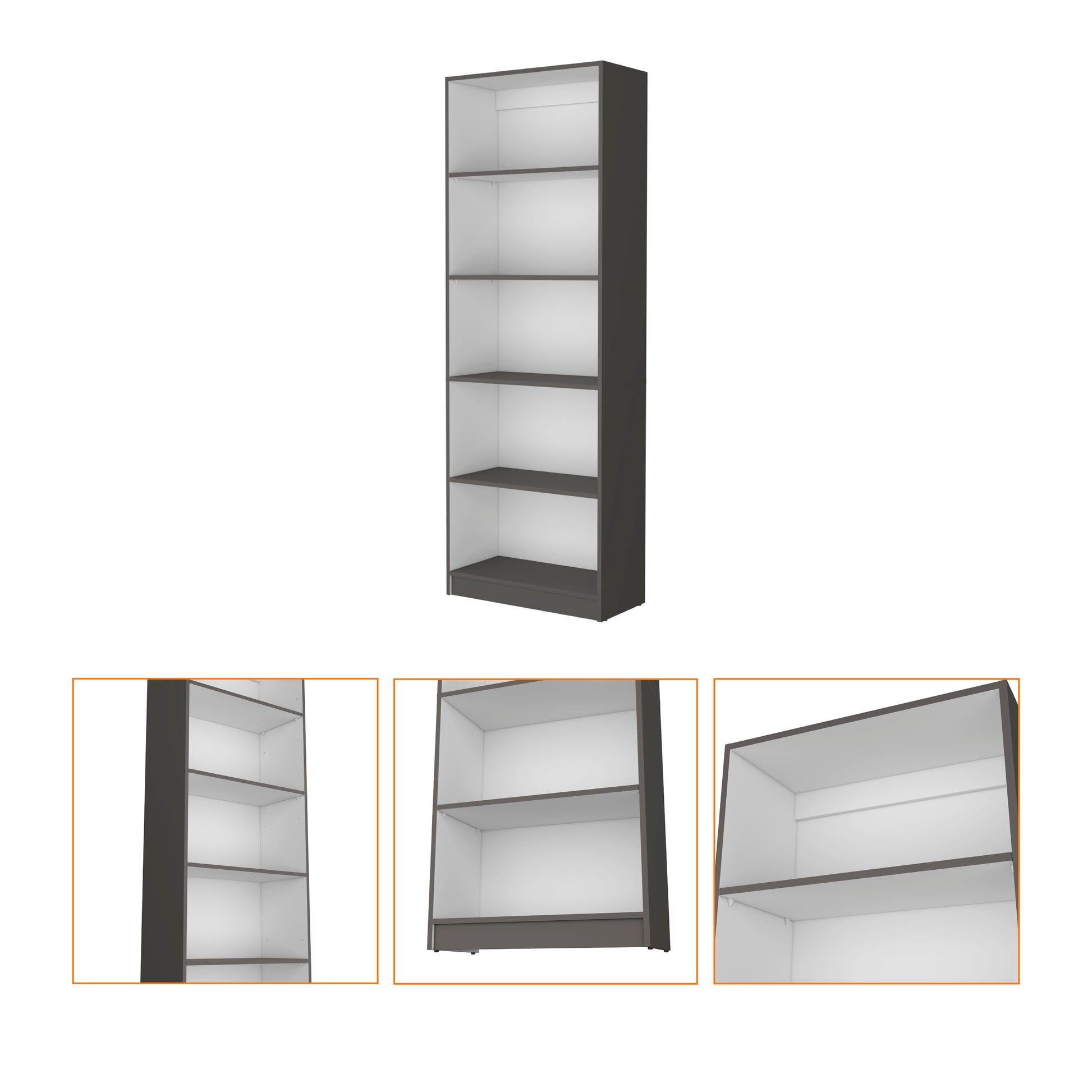 Tall grey bookcase with five white shelves for modern living room organization
