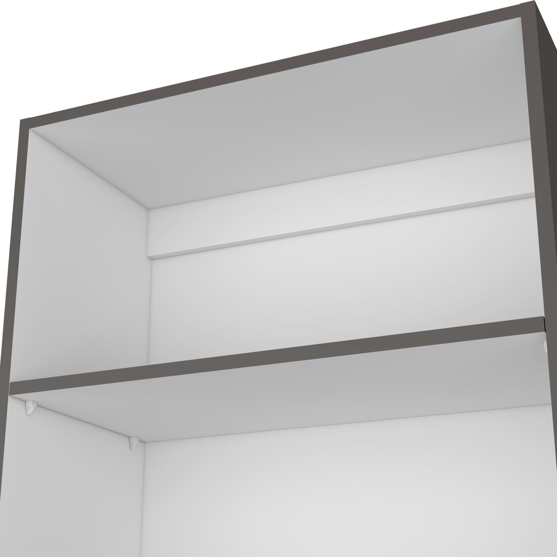 Closeup view of a modern white bookshelf interior with dark gray trim