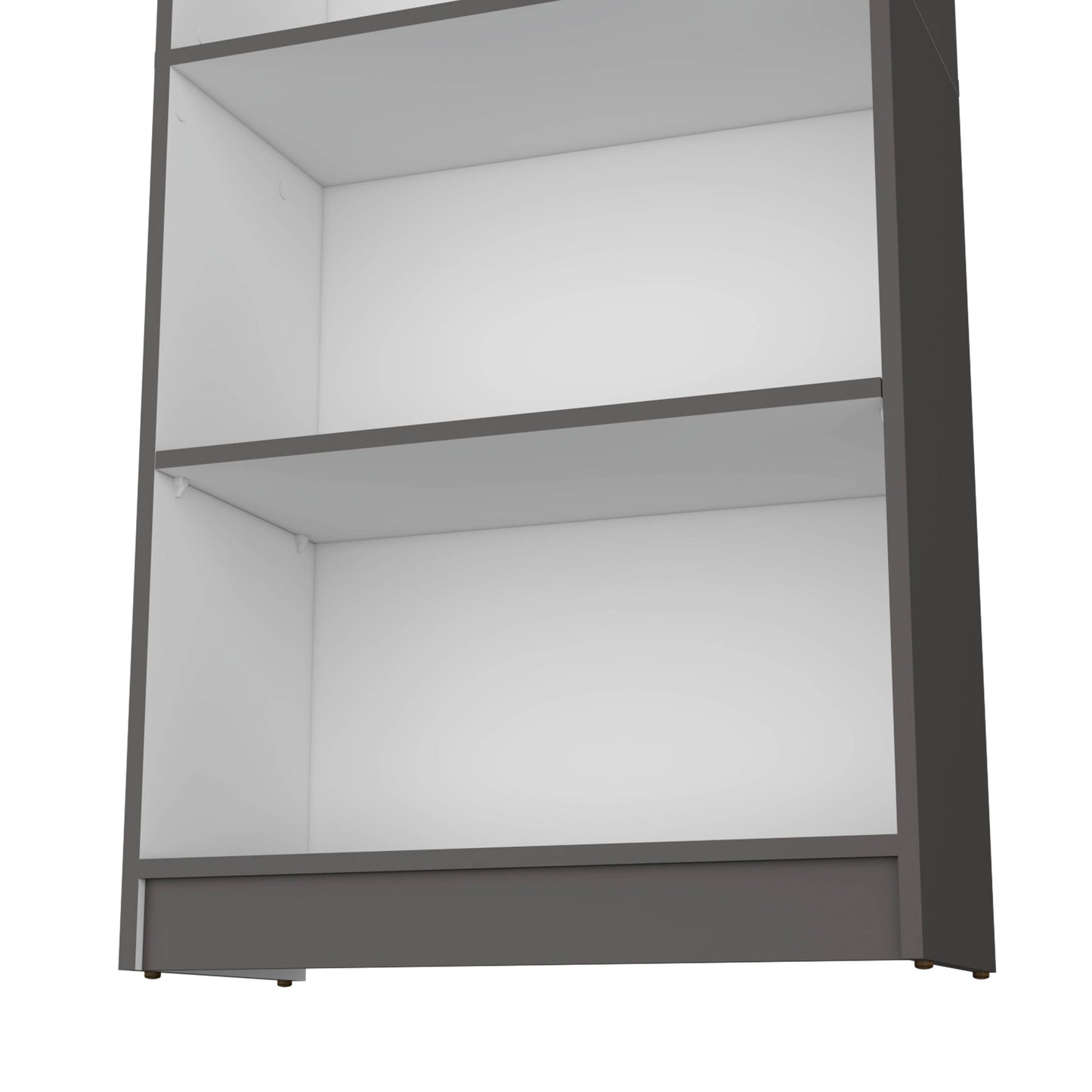 Modern grey tall bookshelf with white interior and open shelves