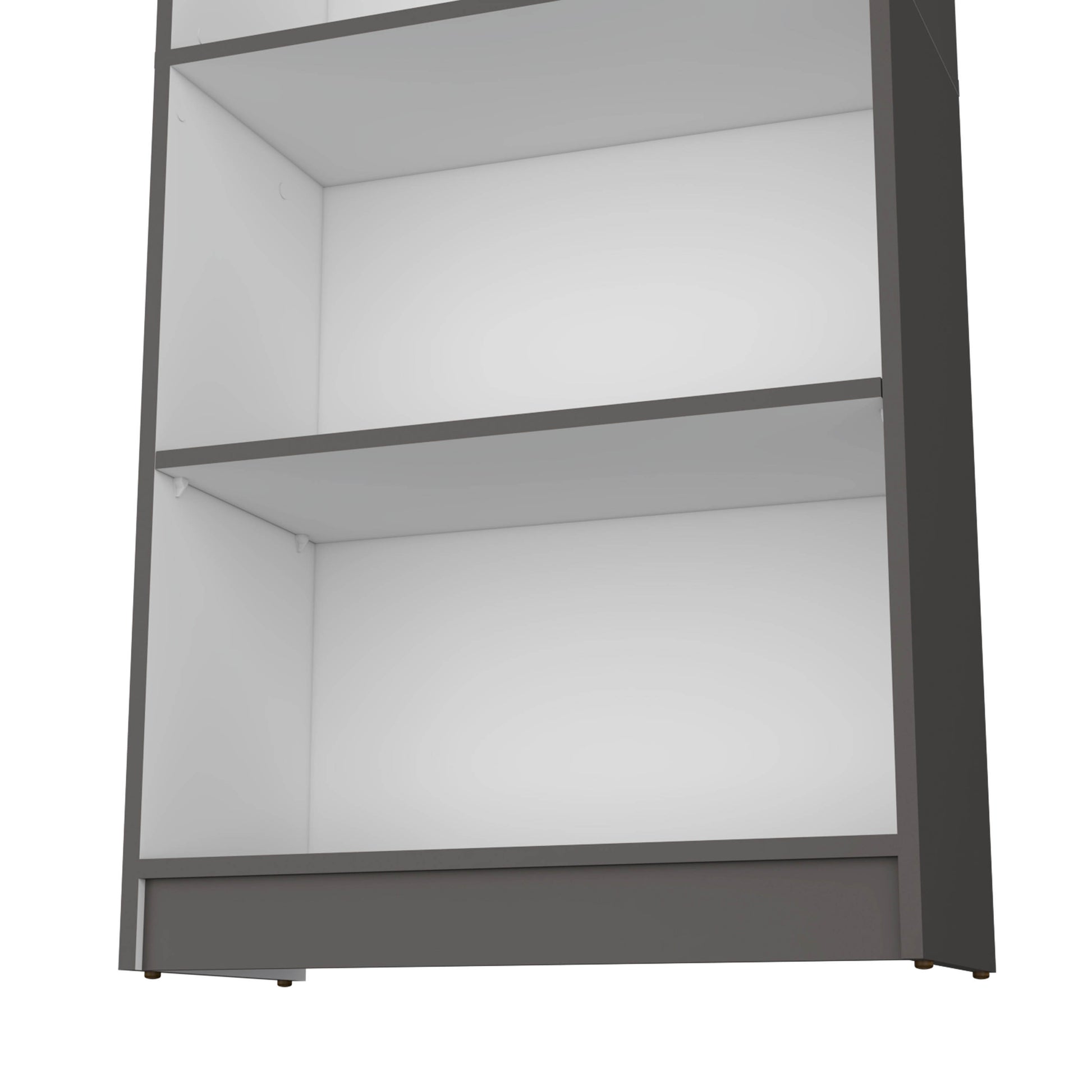 Modern grey tall bookshelf with white interior and open shelves