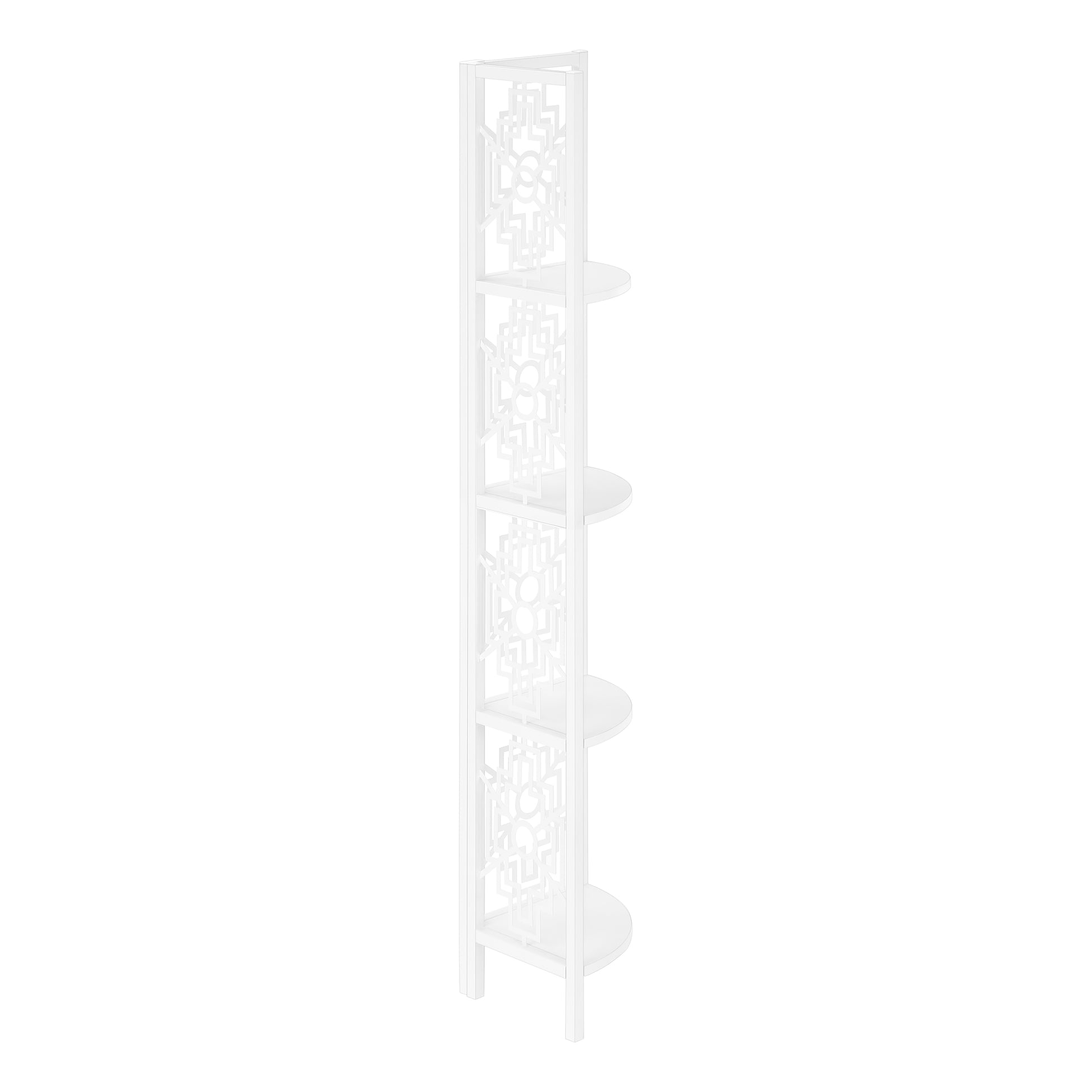 White corner shelf with geometric cutouts and rounded shelves