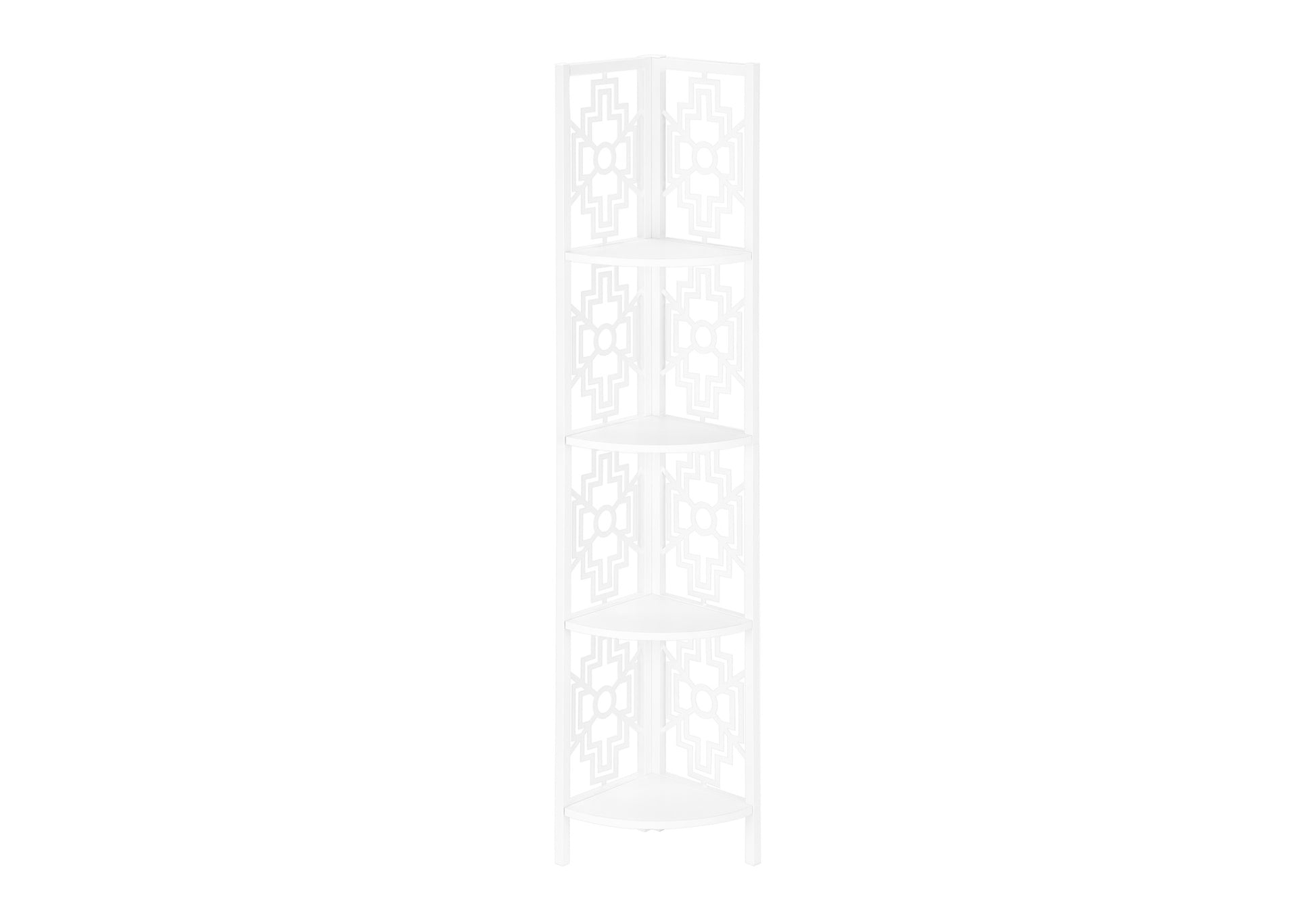White metal corner shelf with geometric cutouts