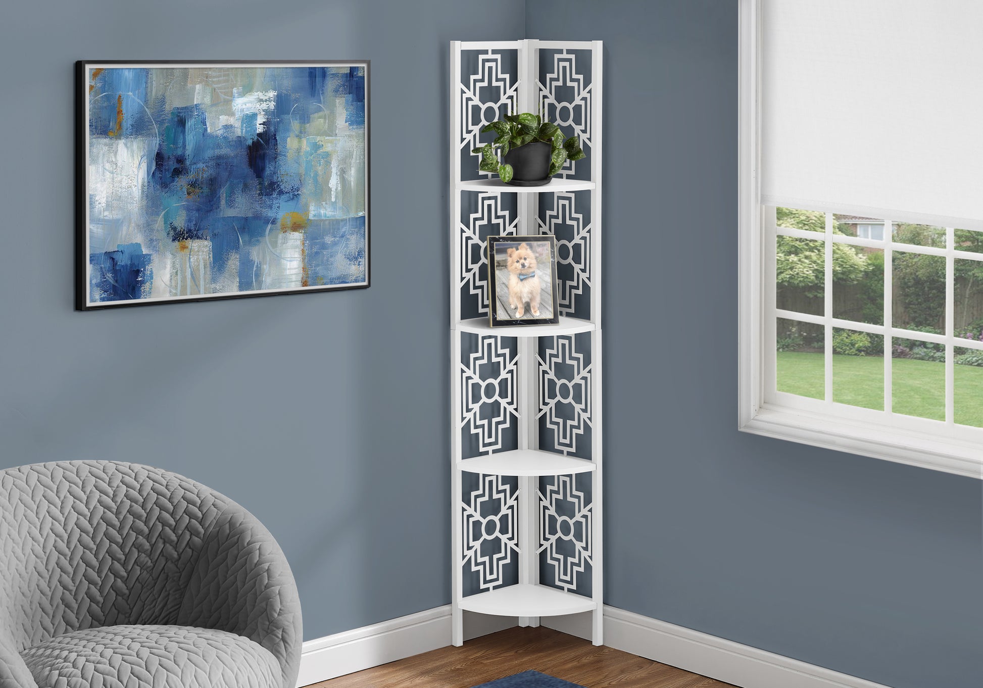 Abstract blue and white textured wall art with black frame