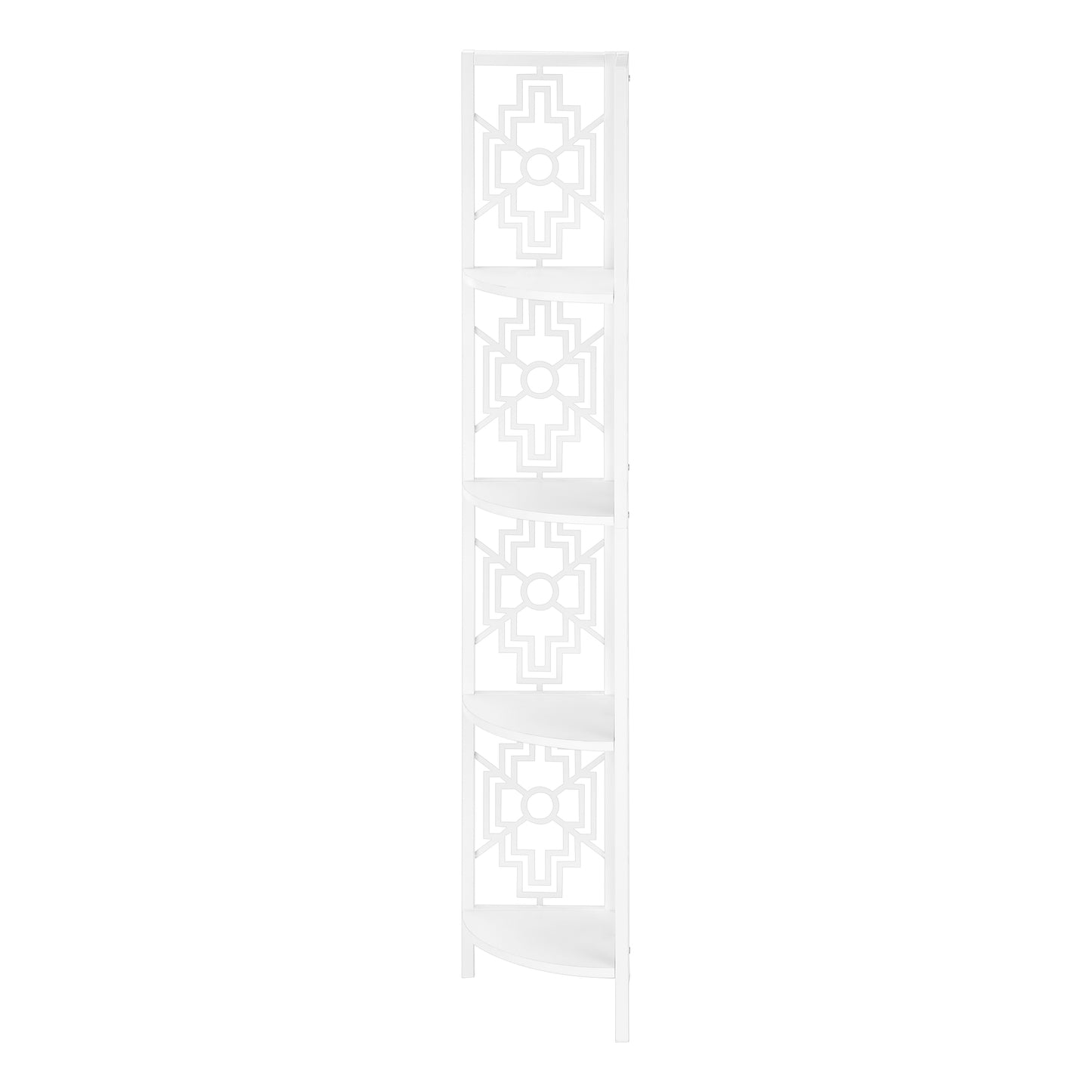 White geometric corner shelving unit with four tiers