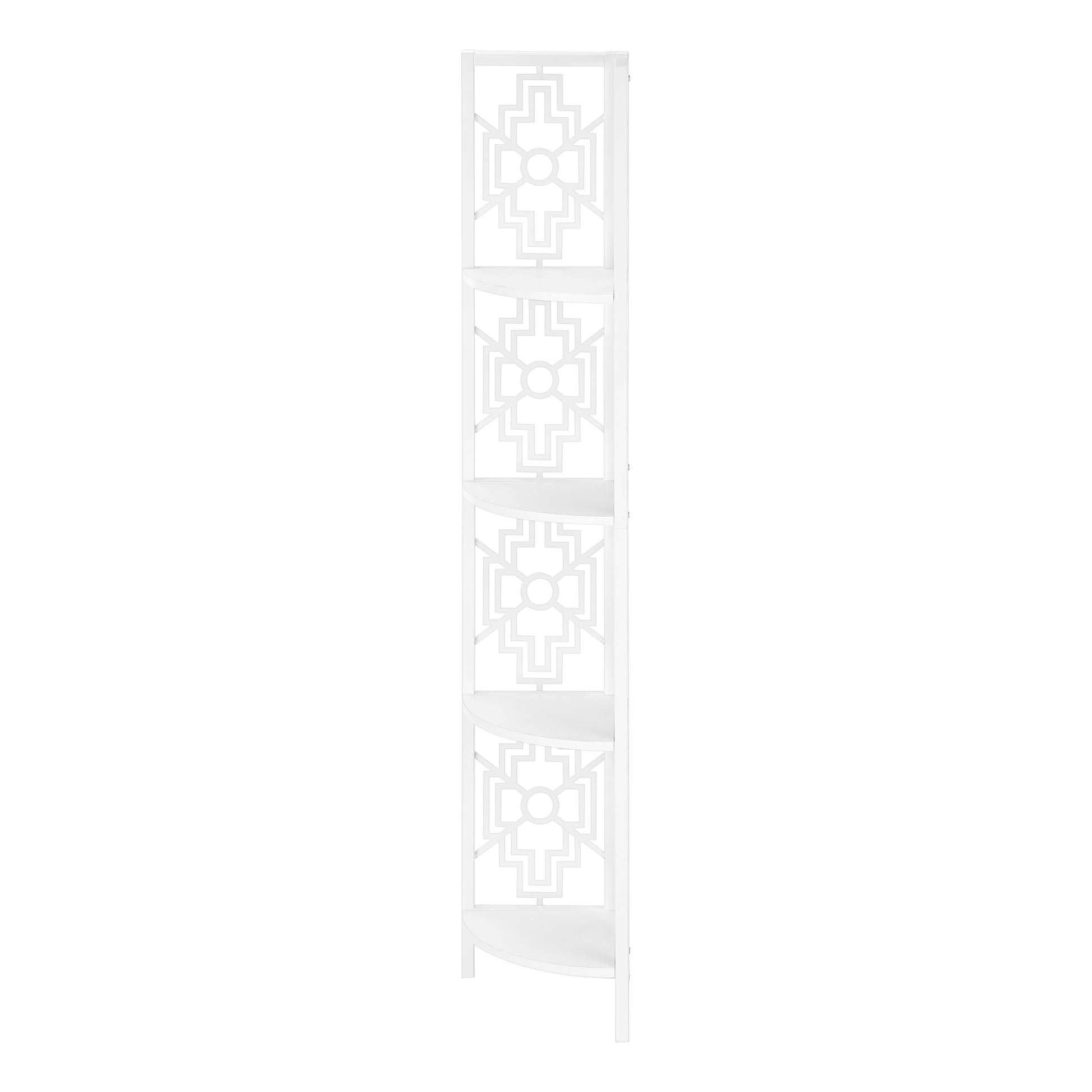 White geometric corner shelving unit with four tiers