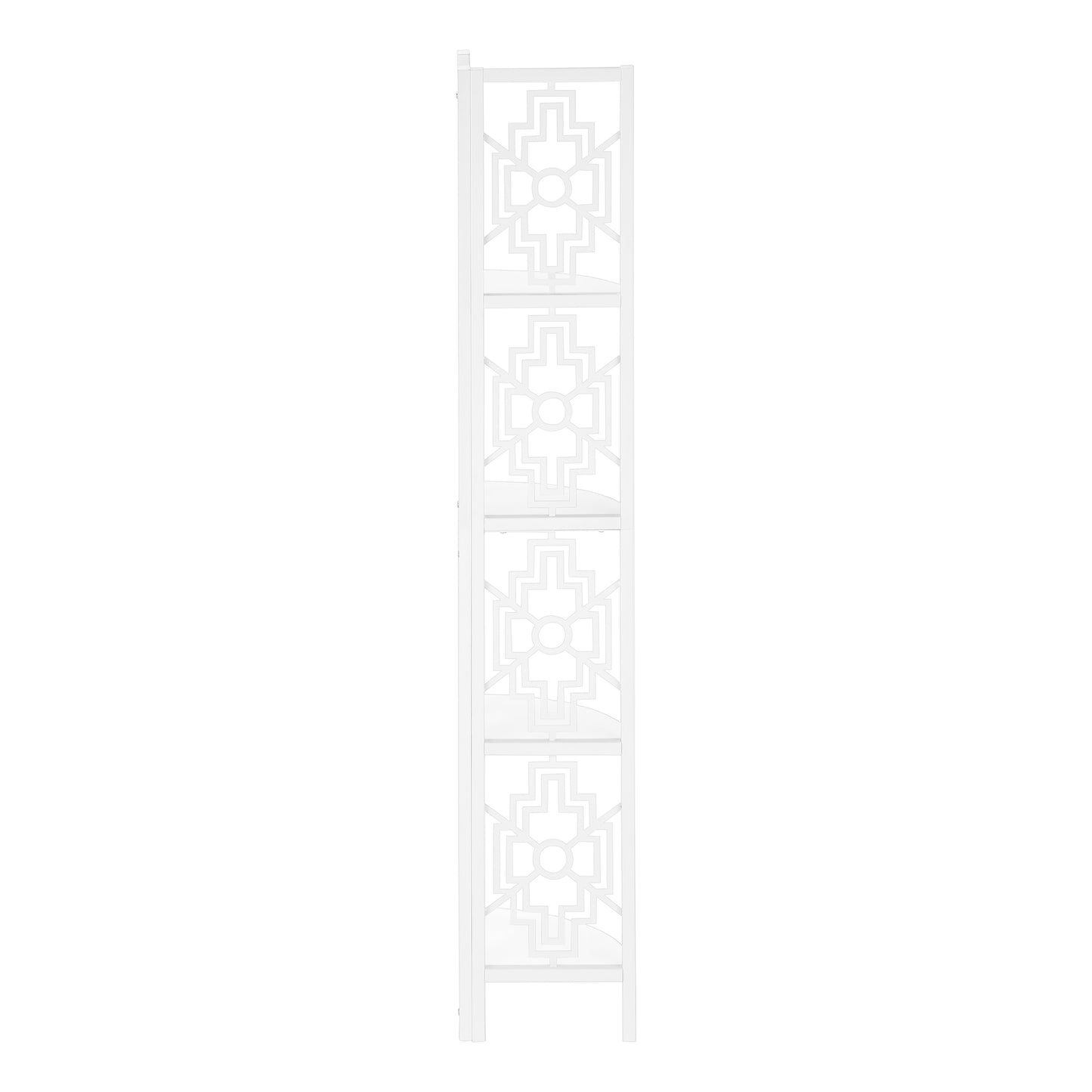 White geometric lattice room divider with five shelves