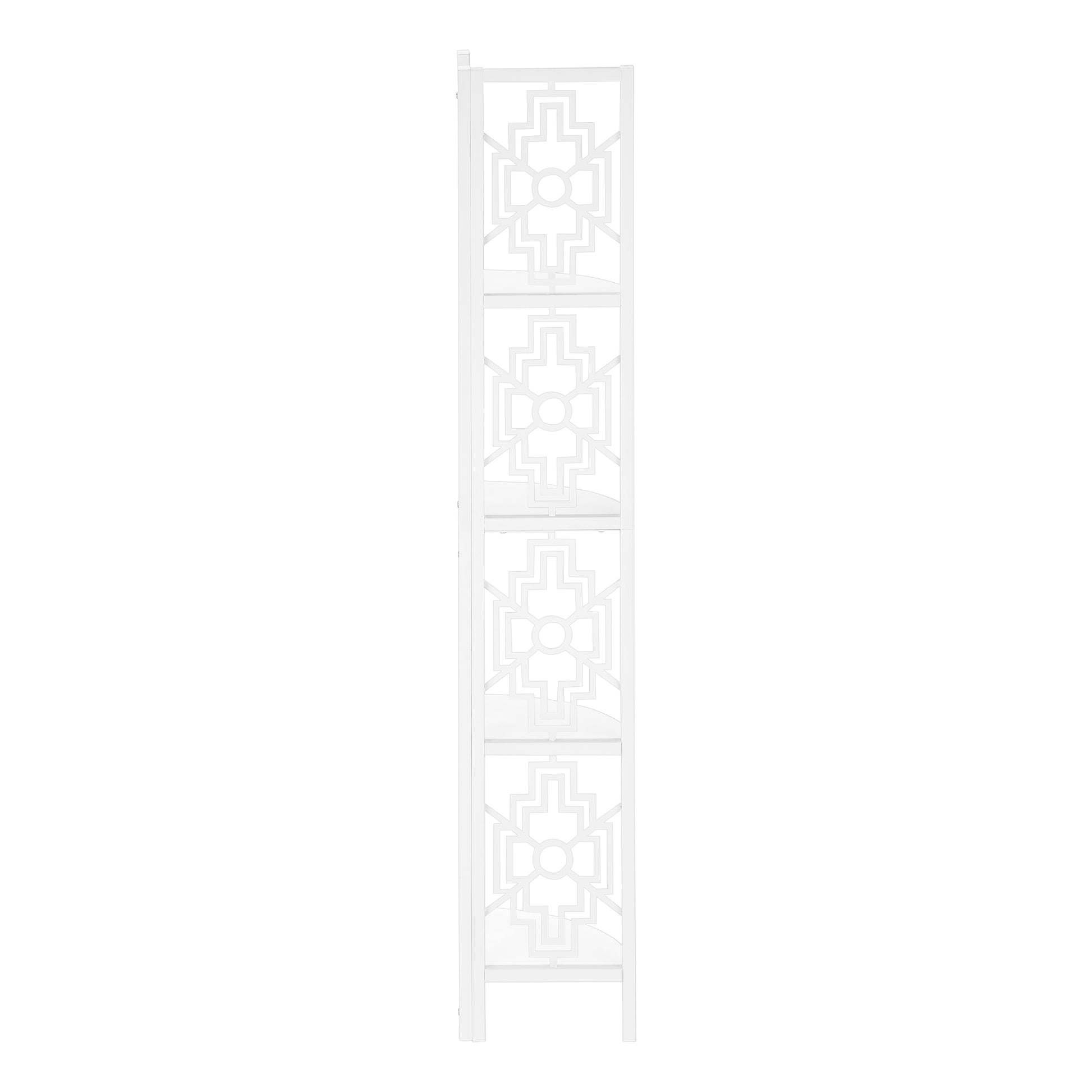 White geometric lattice room divider with five shelves