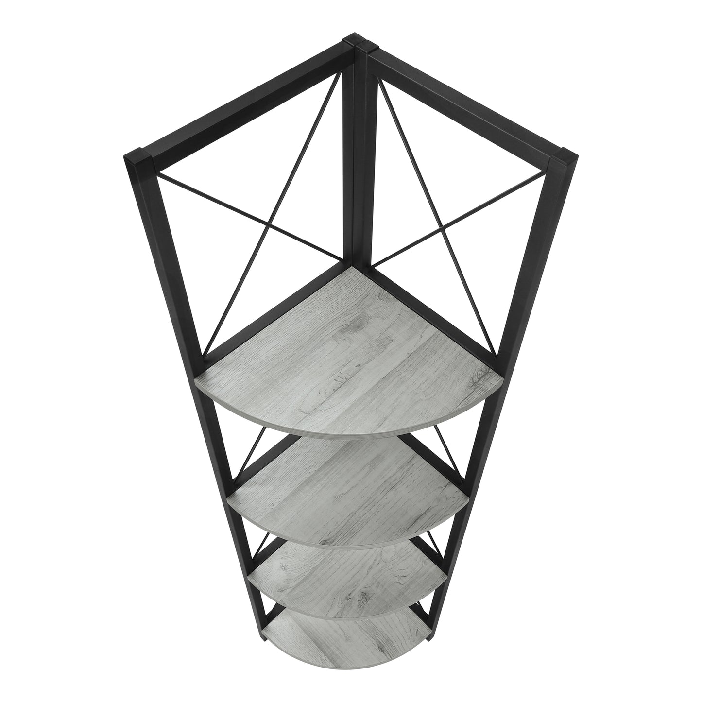 Black metal corner shelf with four light woodgrain shelves