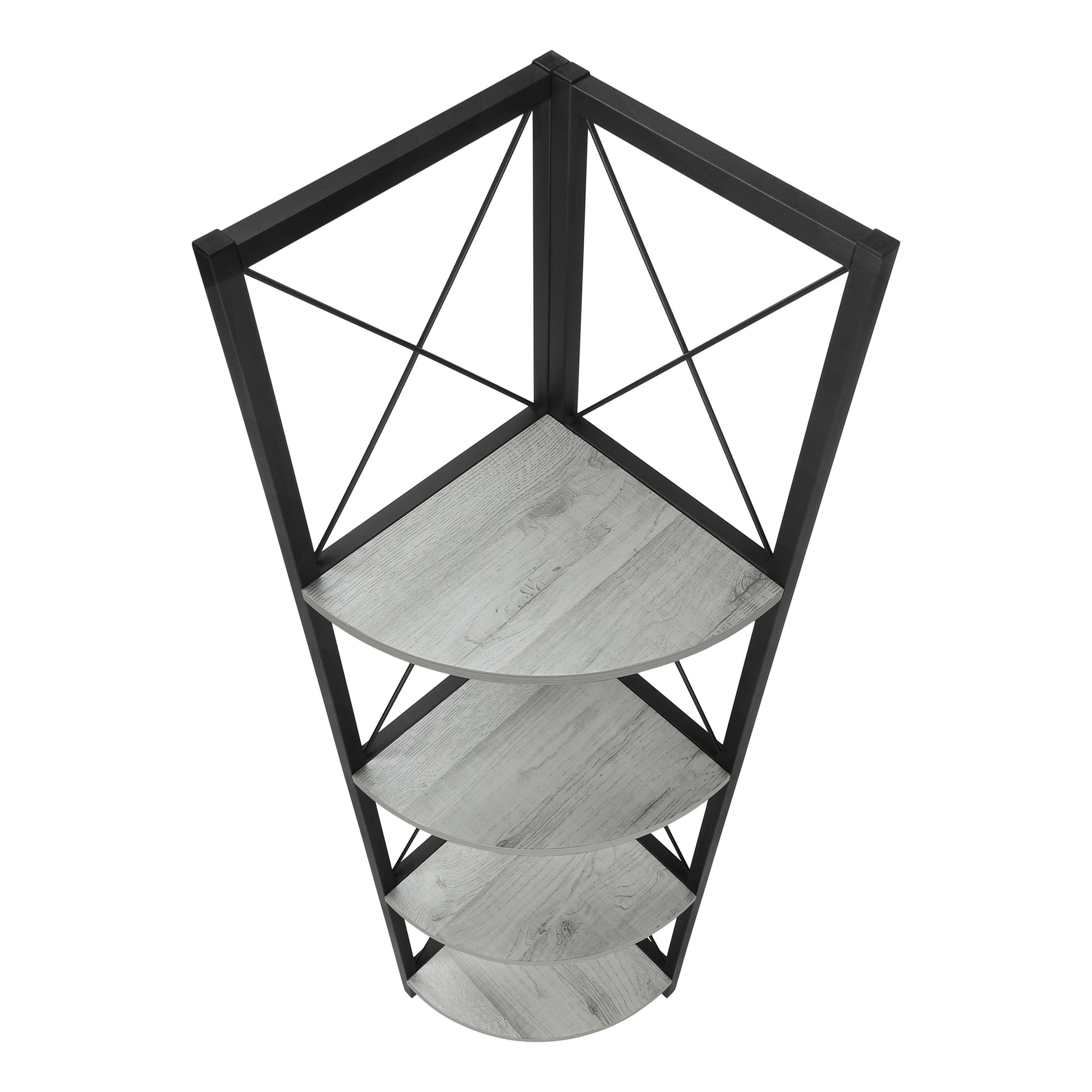 Black metal corner shelf with four light woodgrain shelves