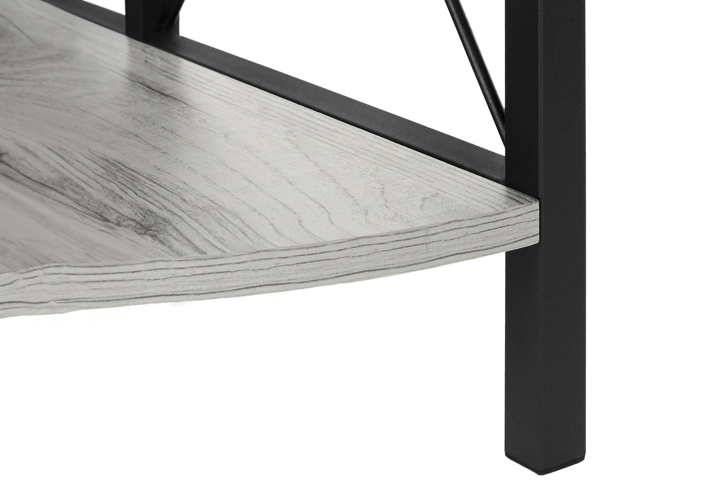 Closeup of rustic gray wood grain shelf with black metal frame support