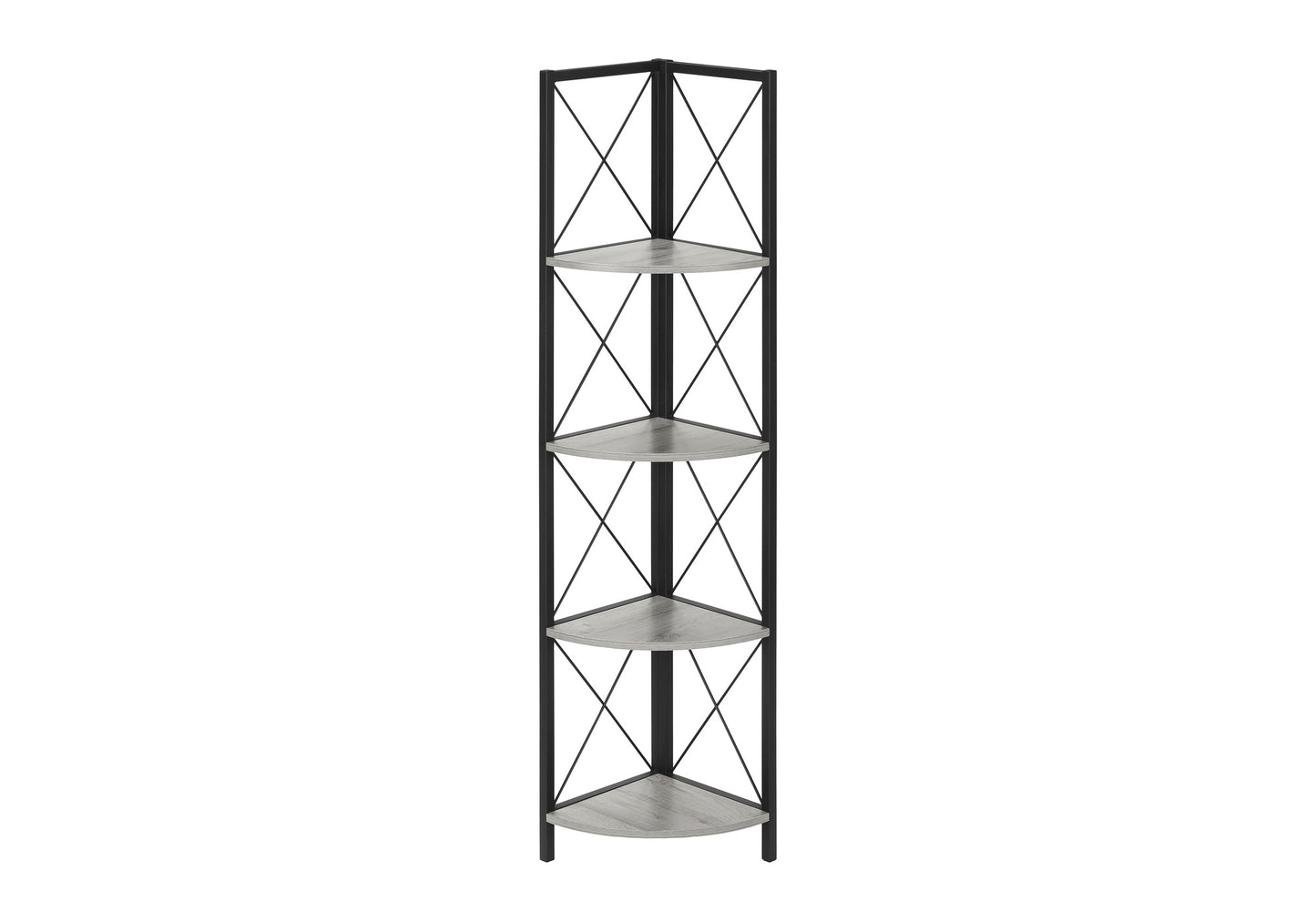 Black metal tier corner shelf unit with light gray woodlook shelves