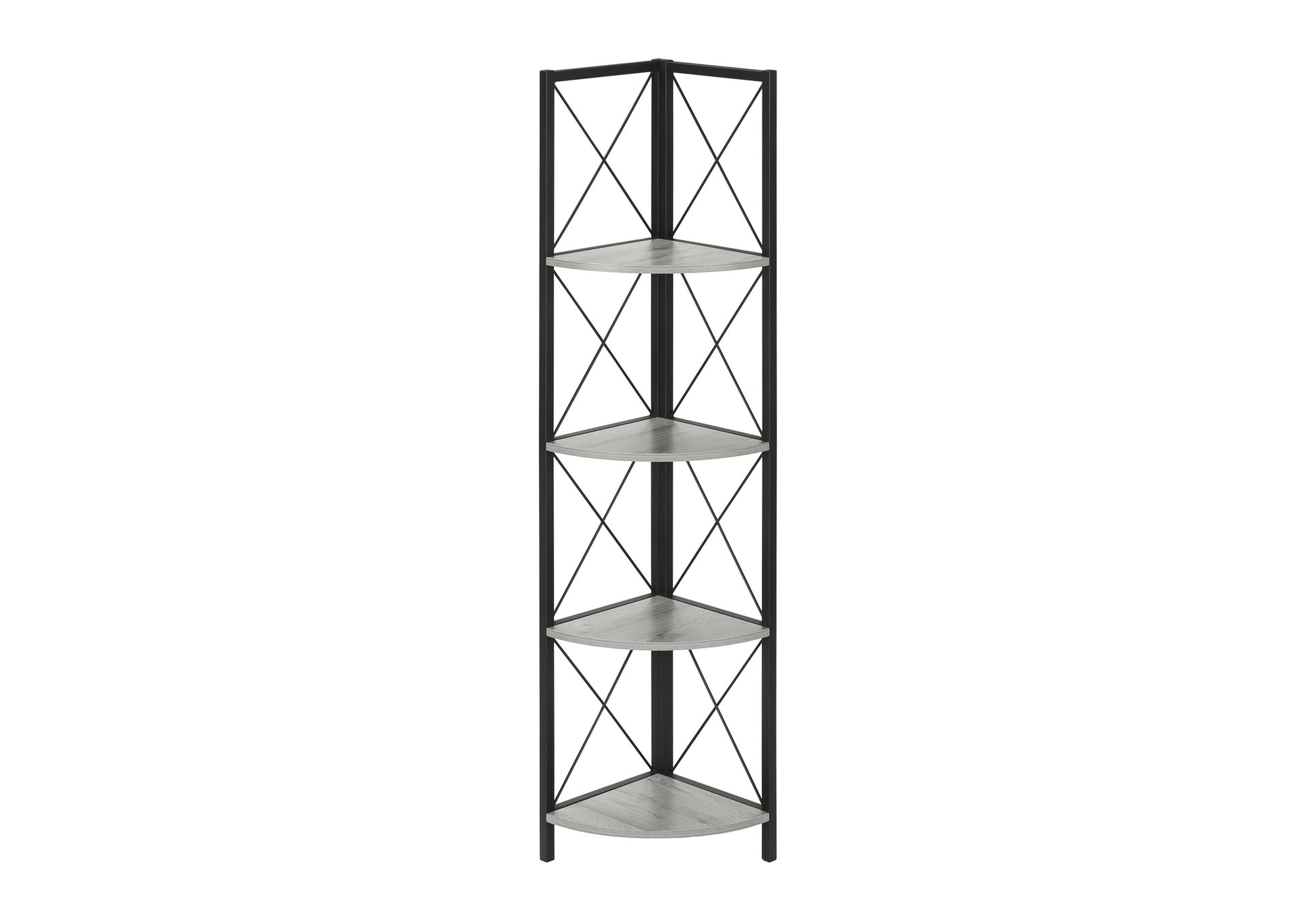Black metal tier corner shelf unit with light gray woodlook shelves