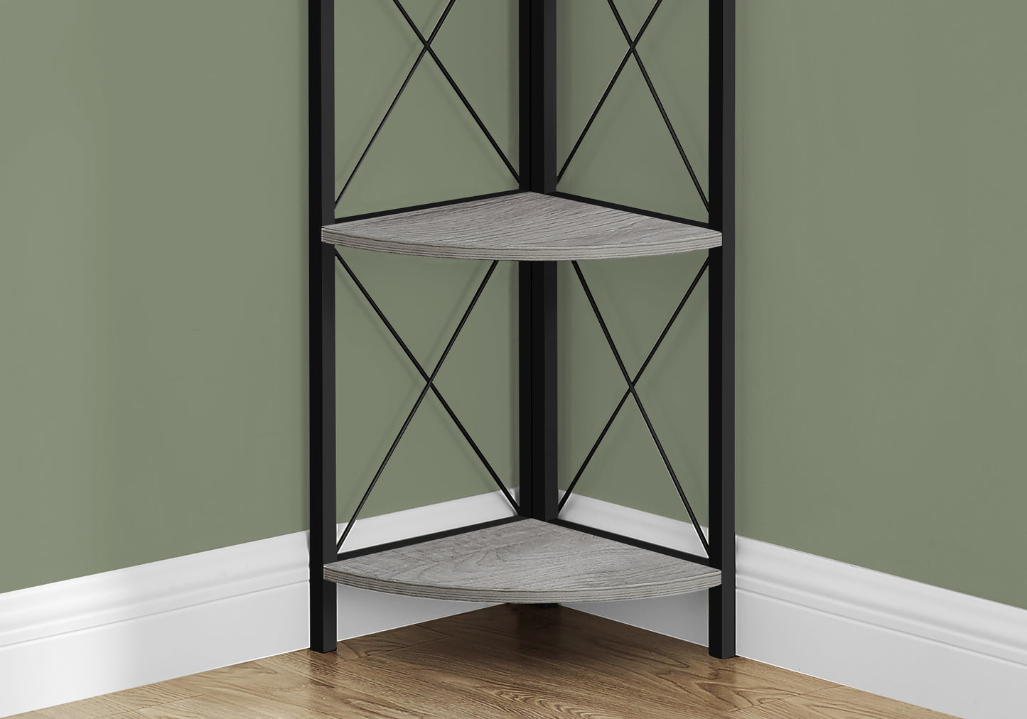 Modern gray wood corner shelf unit with black metal frame